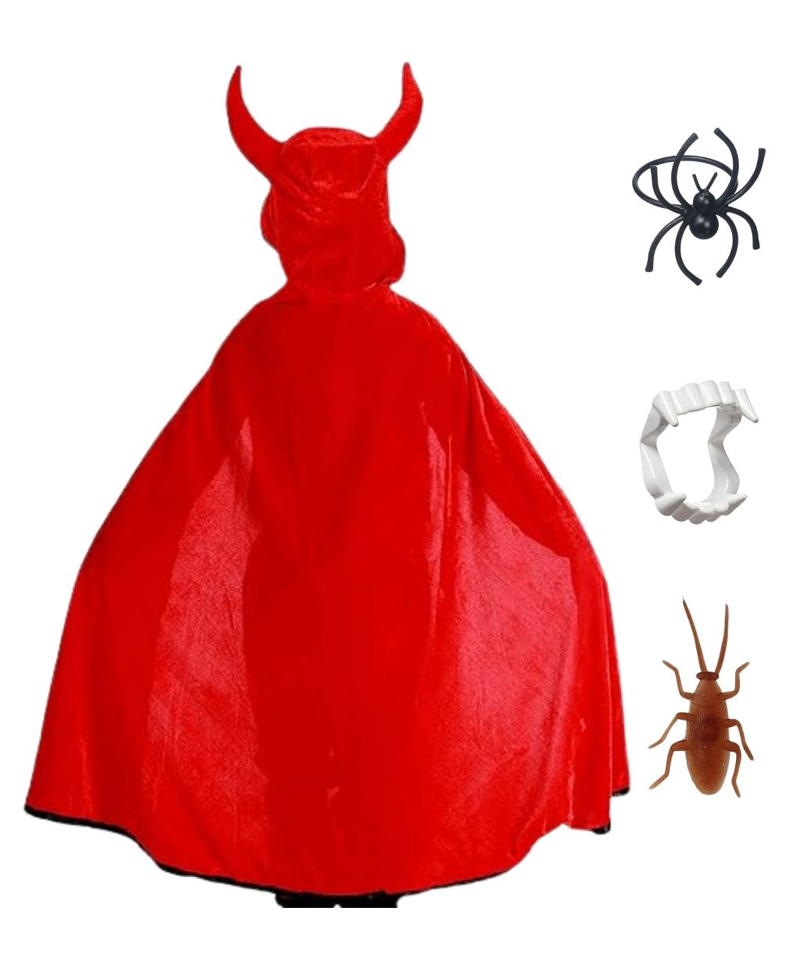 Itsmycostume Halloween Theme Devil Horn Detailed Hooded Cape With Fake Spider Ring Cockroach Toy & Dracula Teeth - Red-image-5