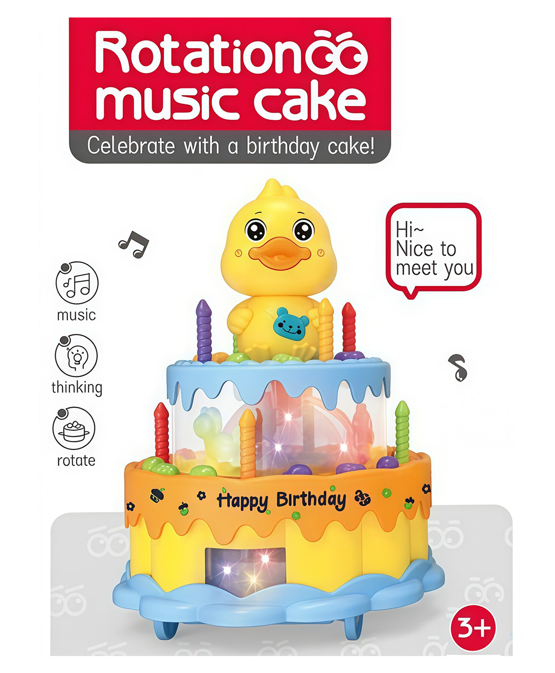 ADKD Rotating Music Birthday Cake Toy with Lights, Music, Candles & Duck Topper Bump & Go Carousel Toy for Kids (Color and Design May Vary)-image-13