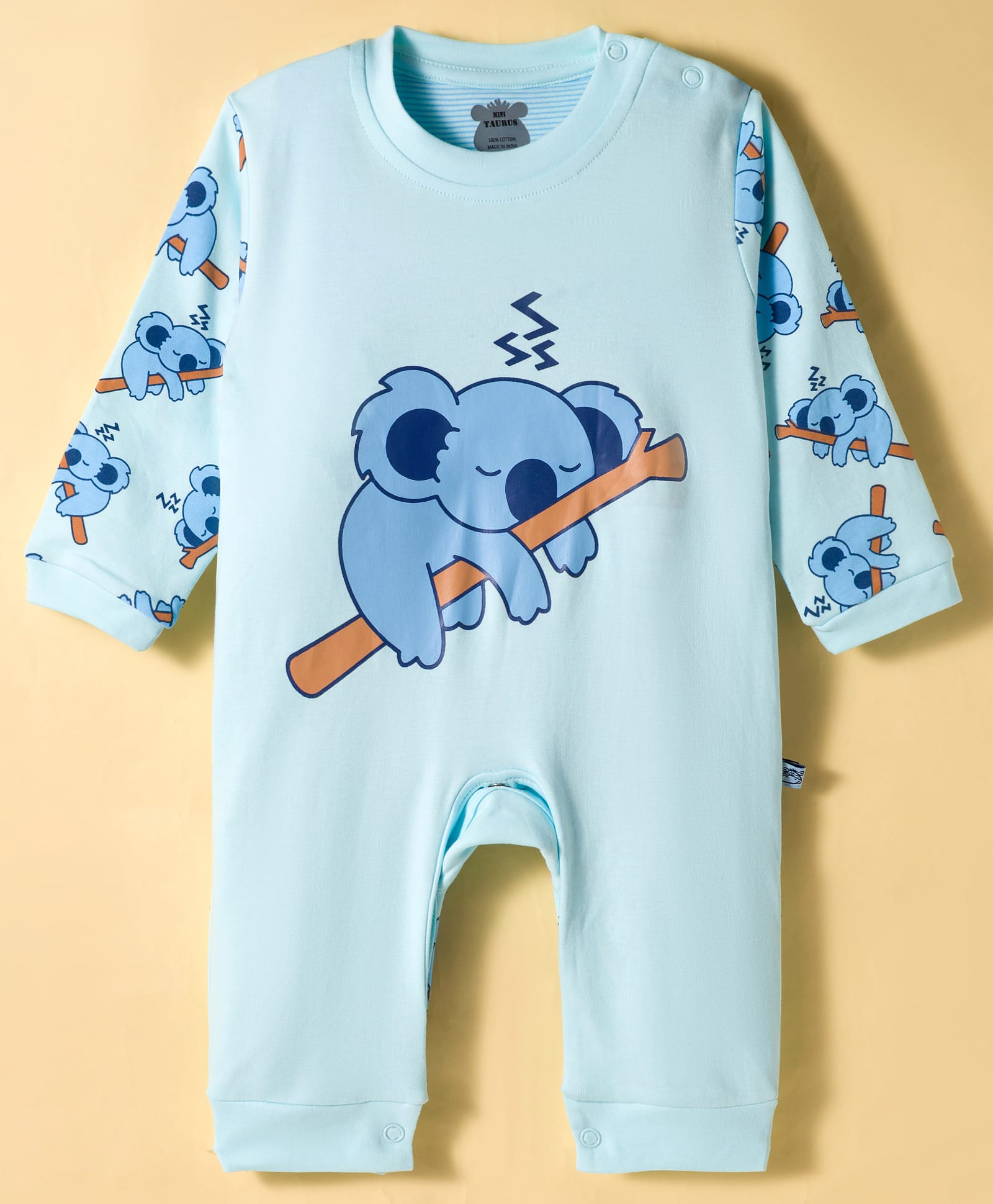 Mini Taurus Interlock Knit Full Sleeves Romper With Koala Print - Light Blue-picture-23