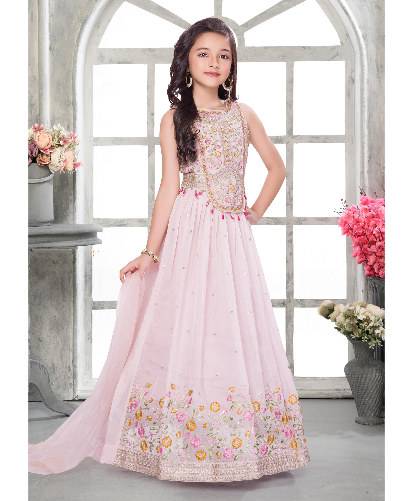 Ministitch Blended Woven Sleeveless Floral Embroidered Sequins Embellished Lehenga Choli With Dupatta Set - Peach-image-6