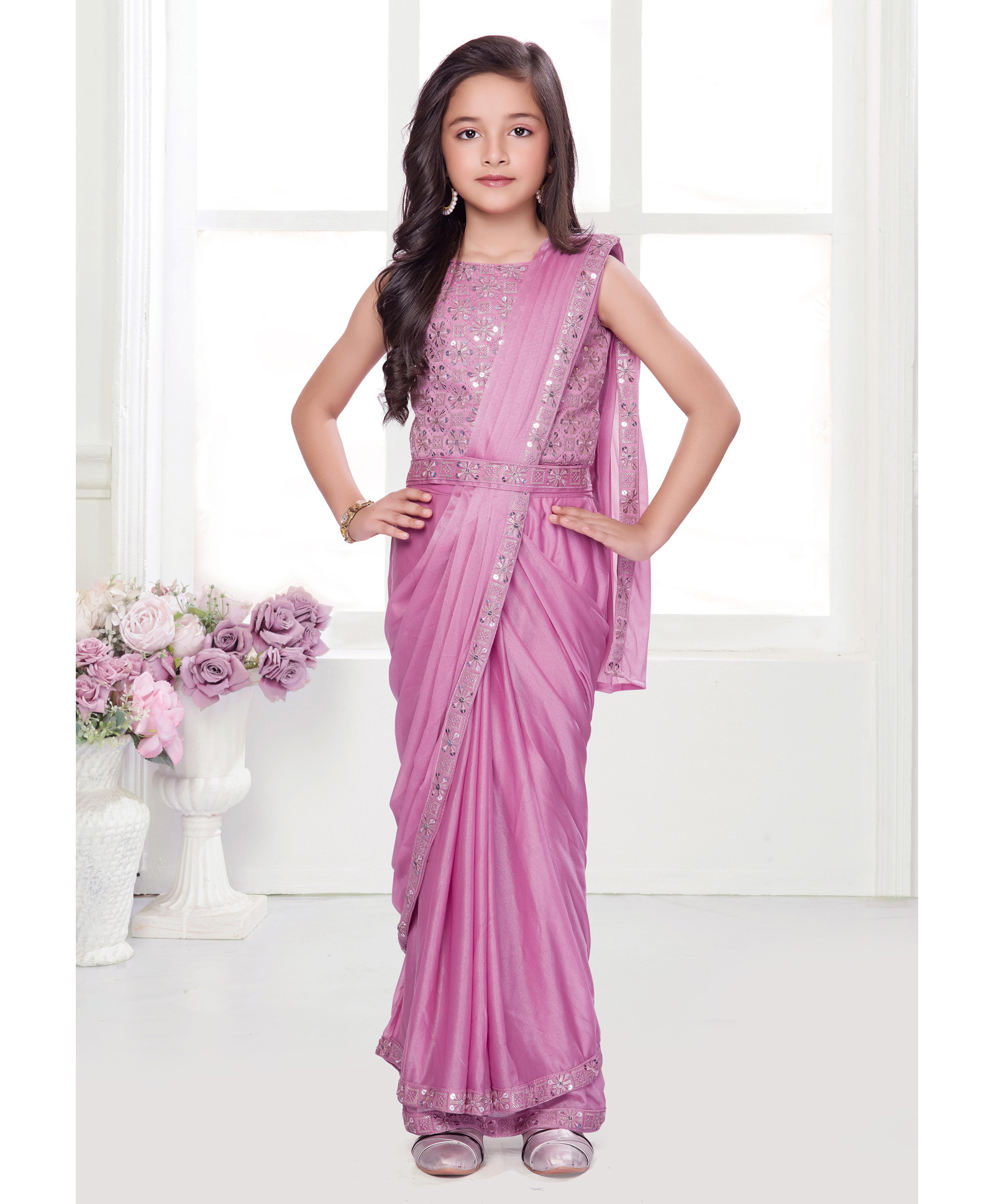 Ministitch Blended Woven Sleeveless Floral Embroidered Sequins Embellished Ready Made Blouse With Wrap Around Saree - Onion Pink-picture-40