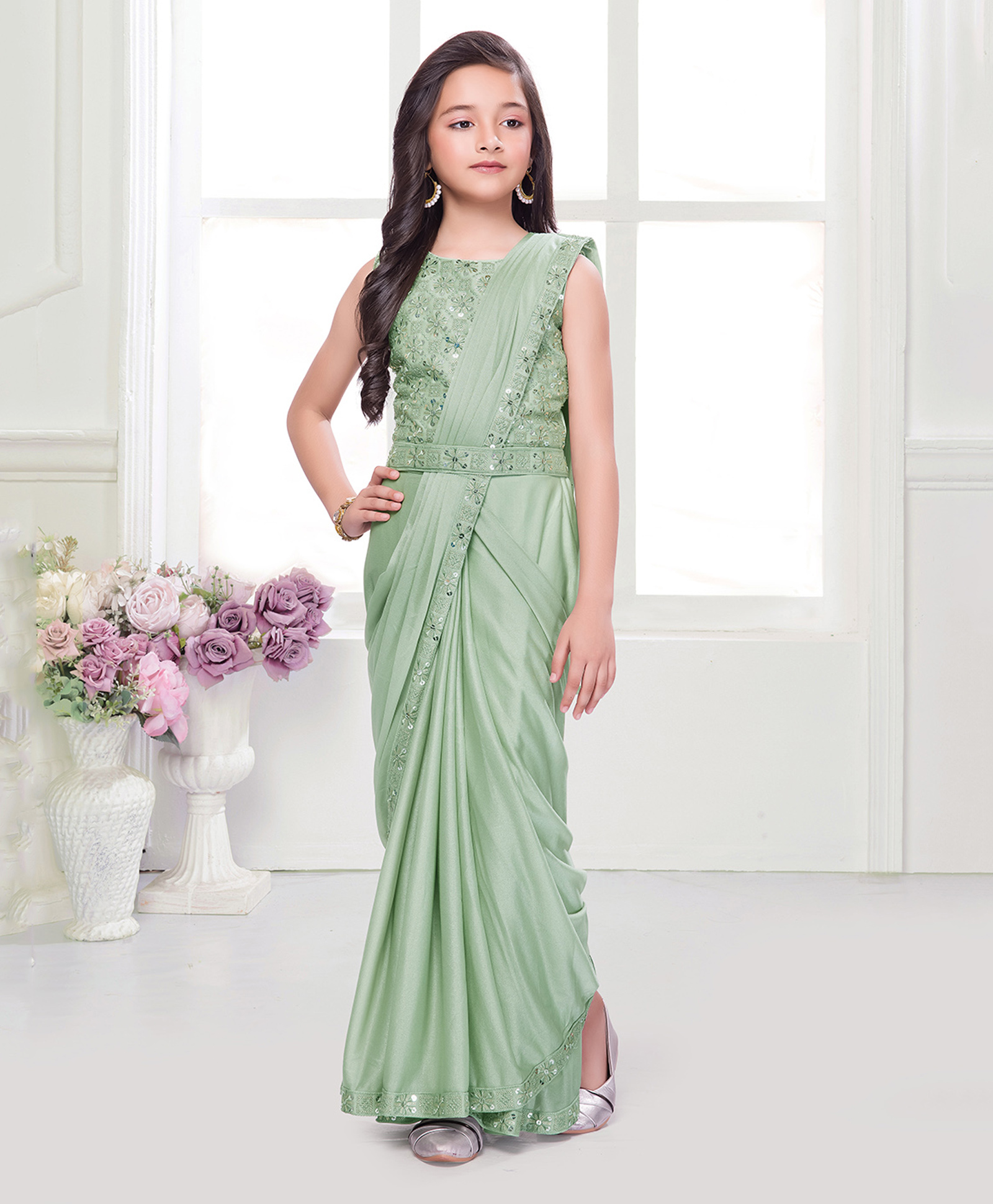 Ministitch Blended Woven Sleeveless Floral Embroidered Sequins Embellished Ready Made Blouse With Wrap Around Saree - Sea Green-picture-39