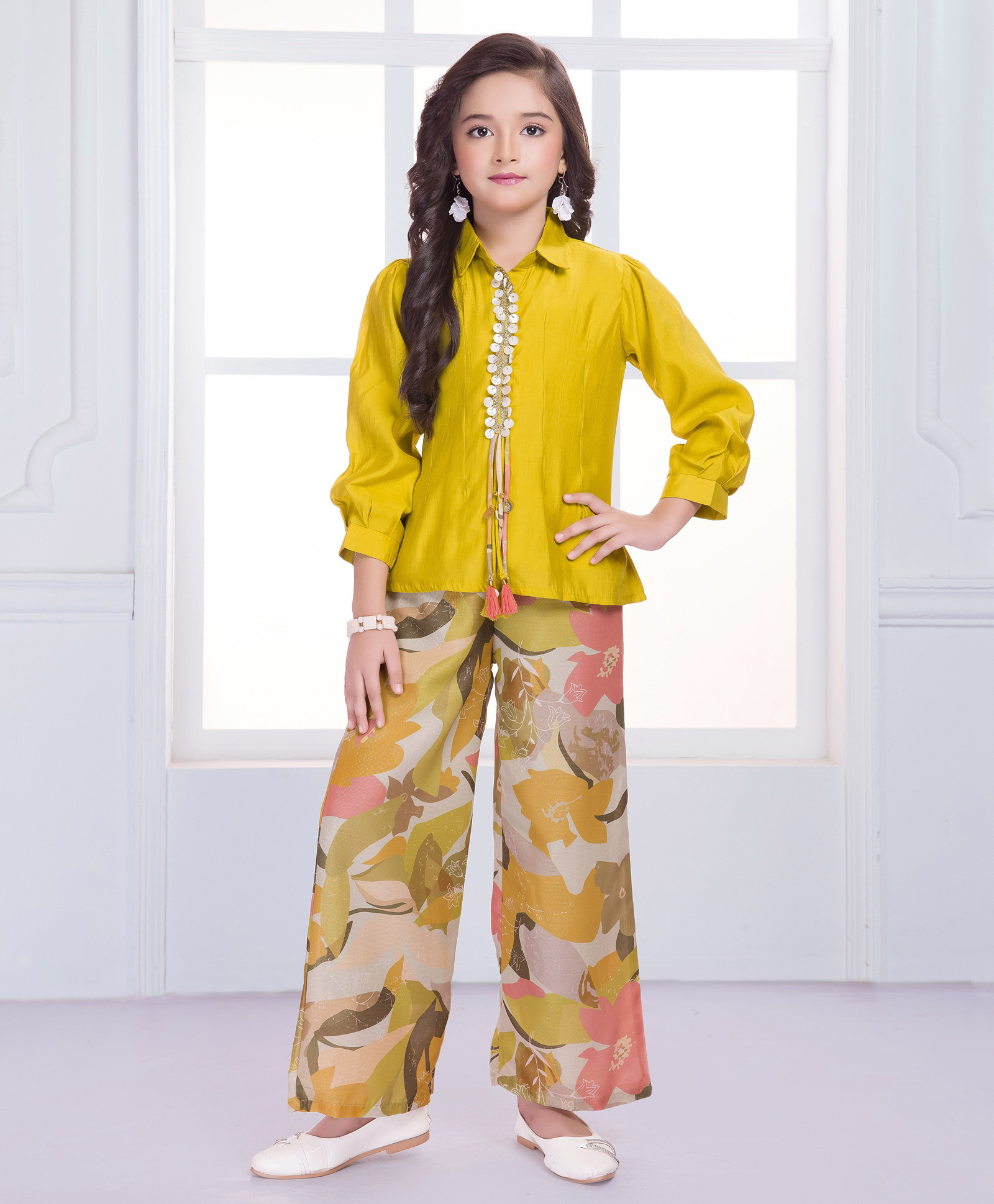Ministitch Cotton Woven Three Fourth Sleeves Sequins Embellished Shirt Style Top & Palazzo Set - Yellow-picture-29