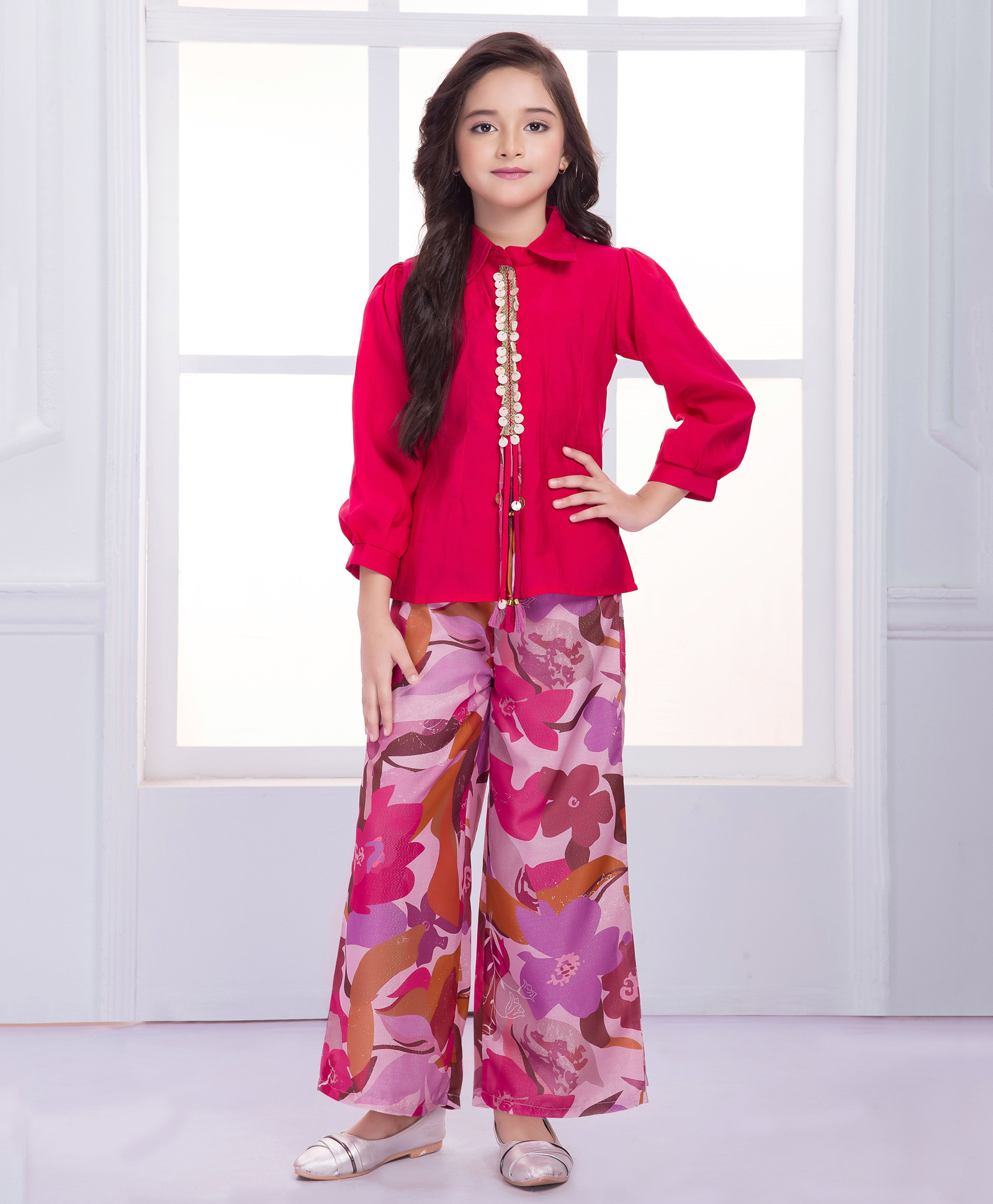 Ministitch Cotton Woven Three Fourth Sleeves Sequins Embellished Shirt Style Top & Palazzo Set - Pink-picture-23