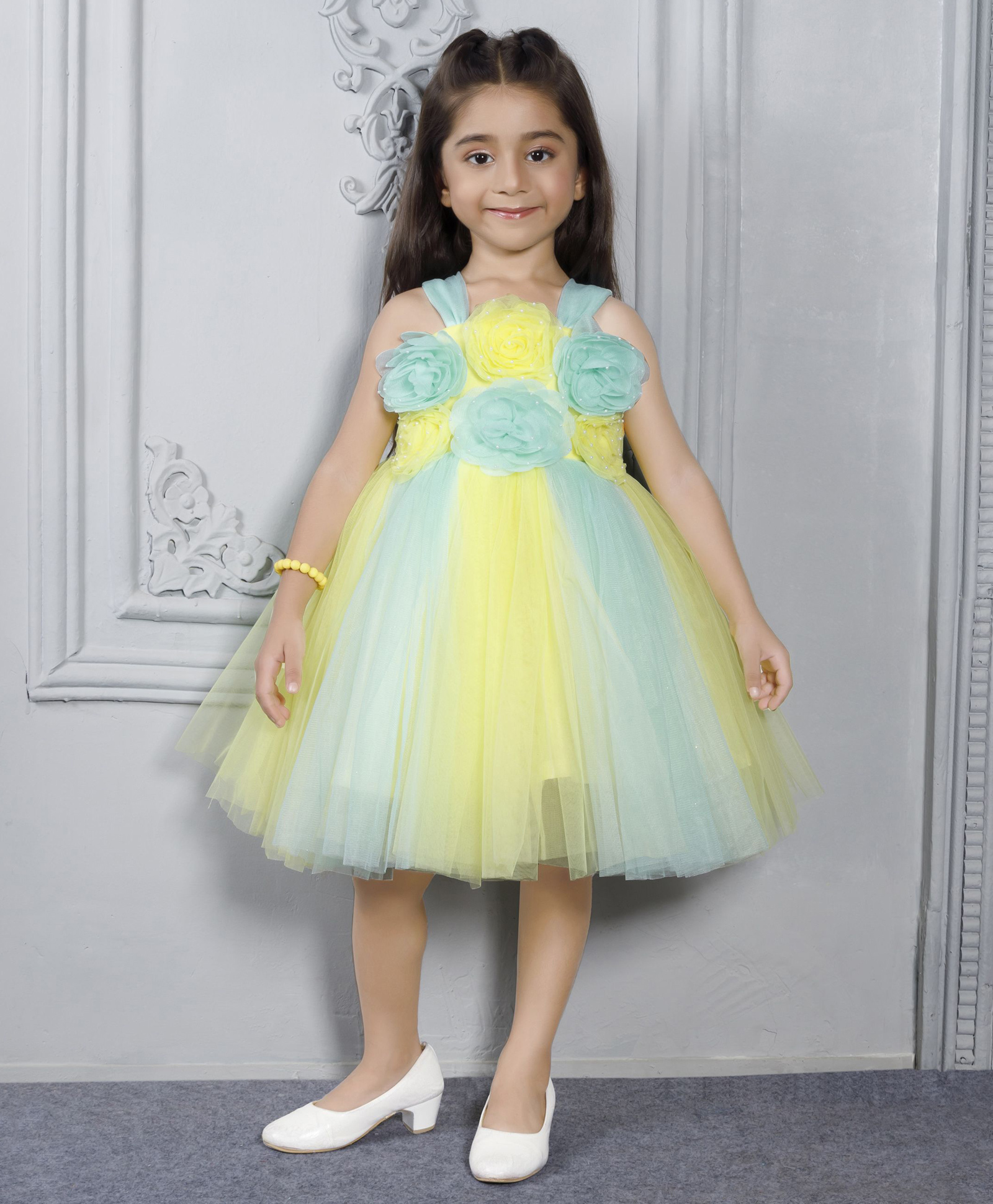 Ministitch Net Woven Sleeveless Floral Applique Detailed & Colour Blocked Dress - Lemon Yellow-image-43