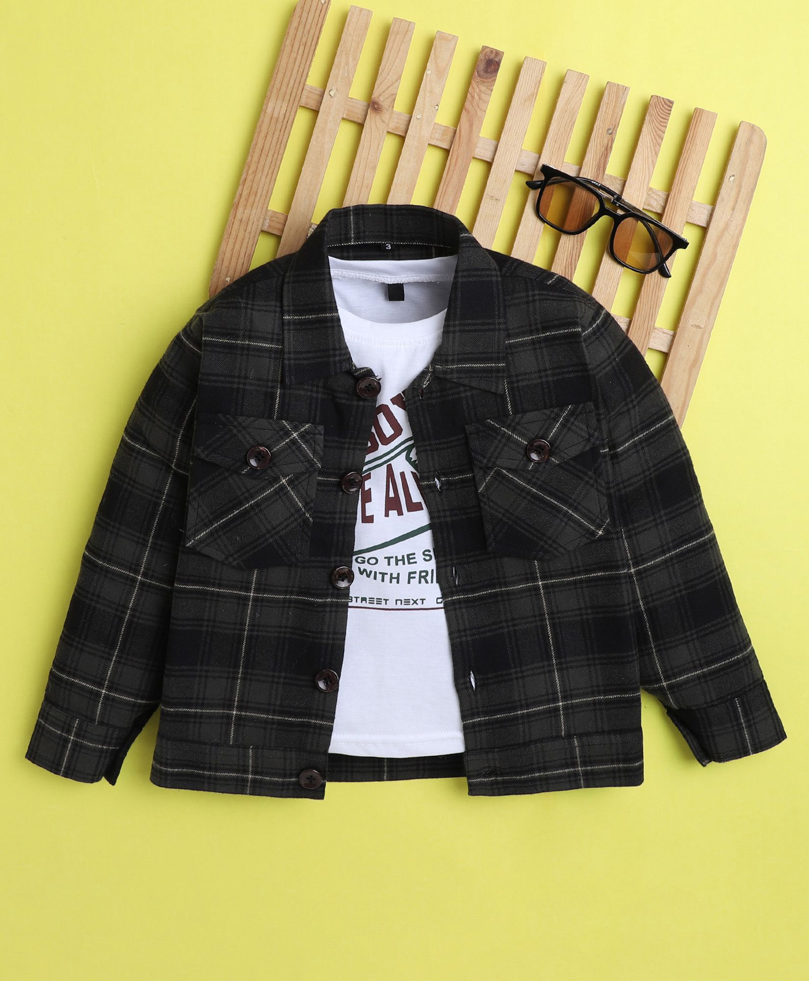 Ministitch Cotton Woven Full Sleeves Plaid Checked Shacket With Skate All Day Text Printed Tee - Olive Green-picture-15