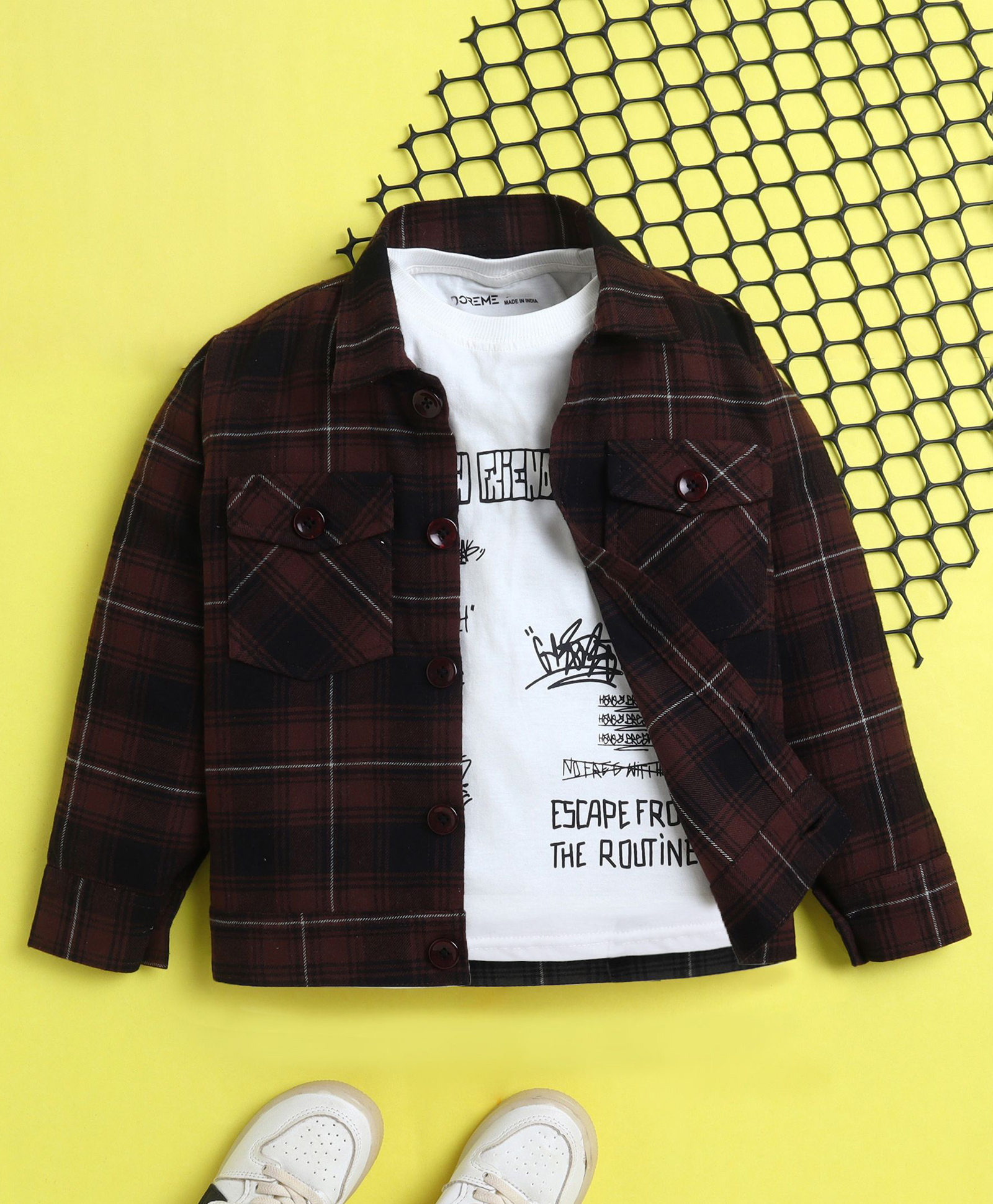 Ministitch Cotton Woven Full Sleeves Plaid Checked Shacket With Hang With Friends Text Printed Tee - Brown-picture-12