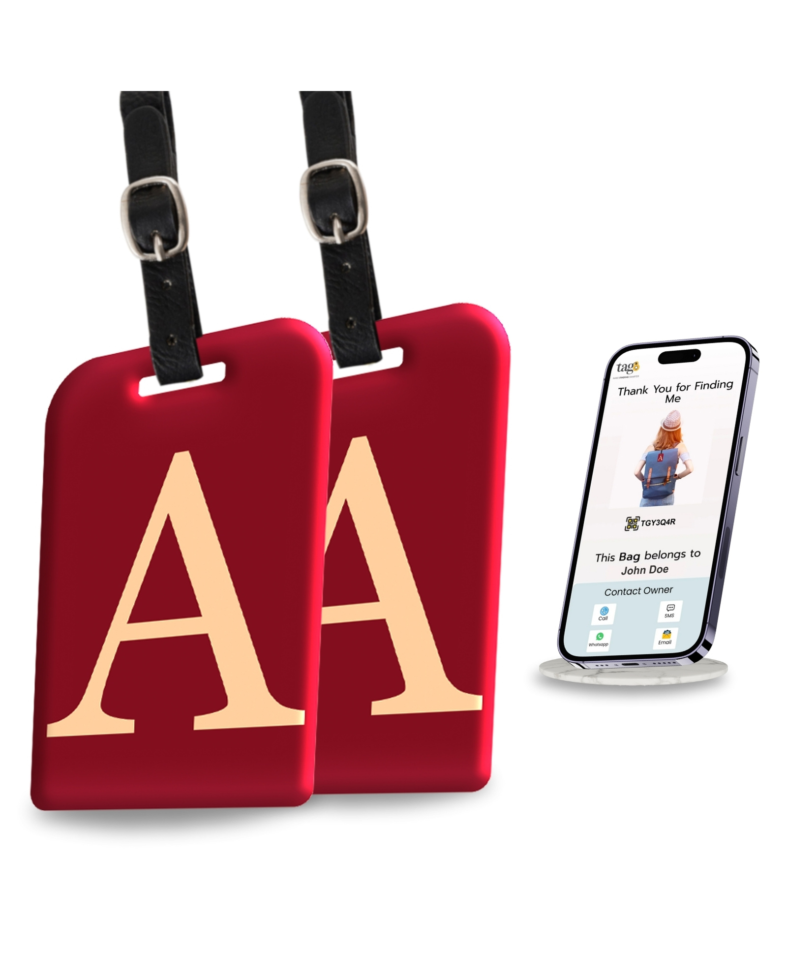 tag8 Smart Luggage Tag ID with name initial A| Bag Tag with Global Loss Recovery Service | Airline compliant | SITA World Tracer Code Enabled | Smart alternative to Name tags | Gift idea, [Pack 2]-image-29