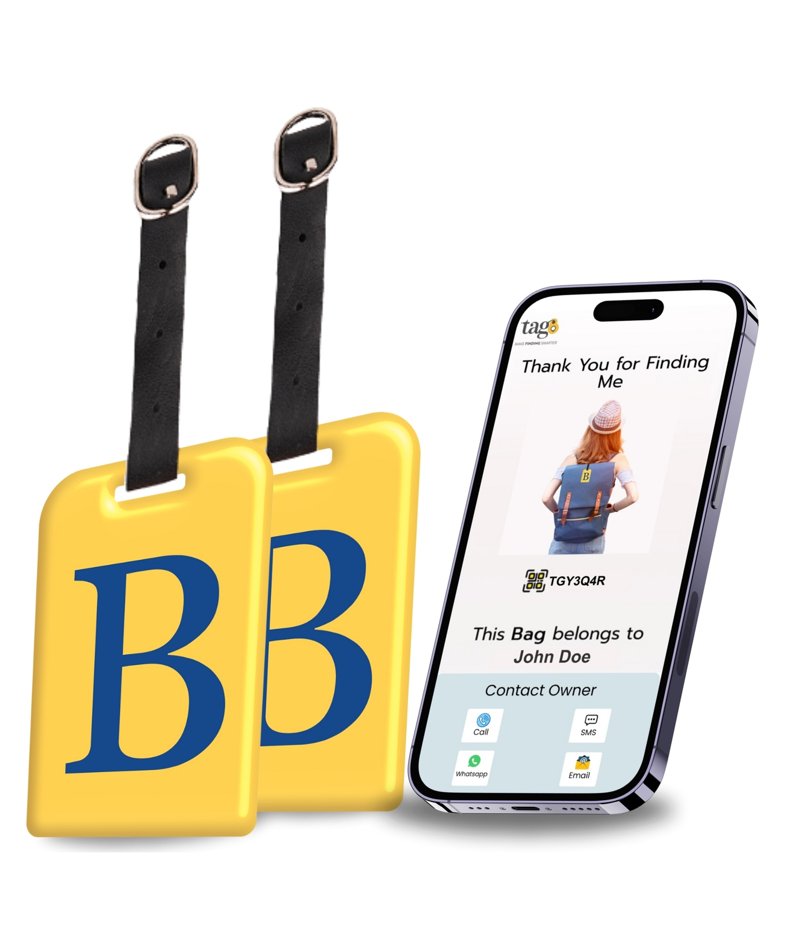 tag8 Smart Luggage Tag ID with Name Initial B| Bag Tag with Global Loss Recovery Service | Airline Compliant | SITA World Tracer Code Enabled | Smart Alternative to Name Tags | Gift idea (B), [Pack 2]-picture-12