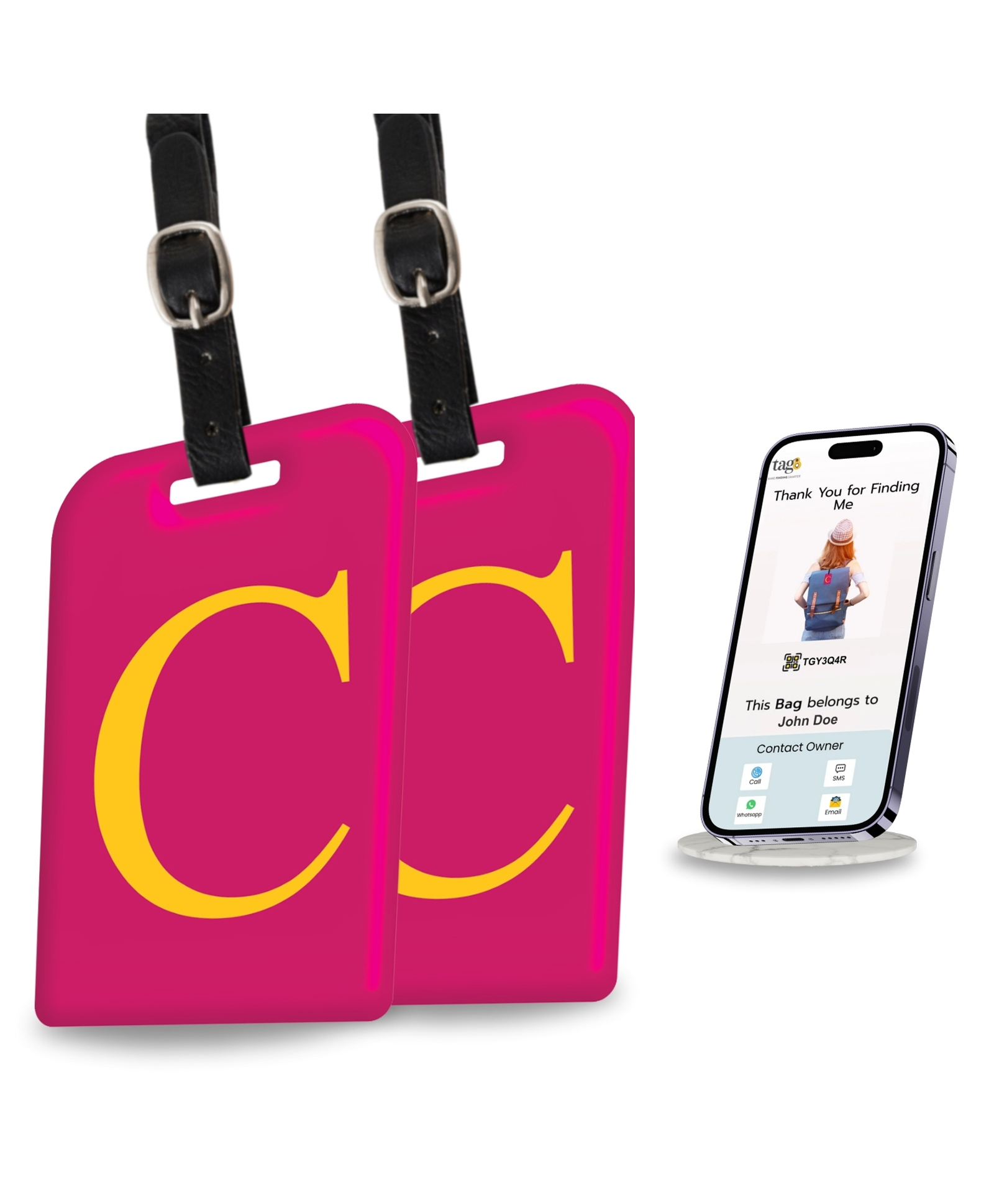 tag8 Smart Luggage Tag ID with name initial C| Bag Tag with Global Loss Recovery Service | Airline compliant | SITA World Tracer Code Enabled | Smart alternative to Name tags | Gift idea, [Pack 2]-image-48