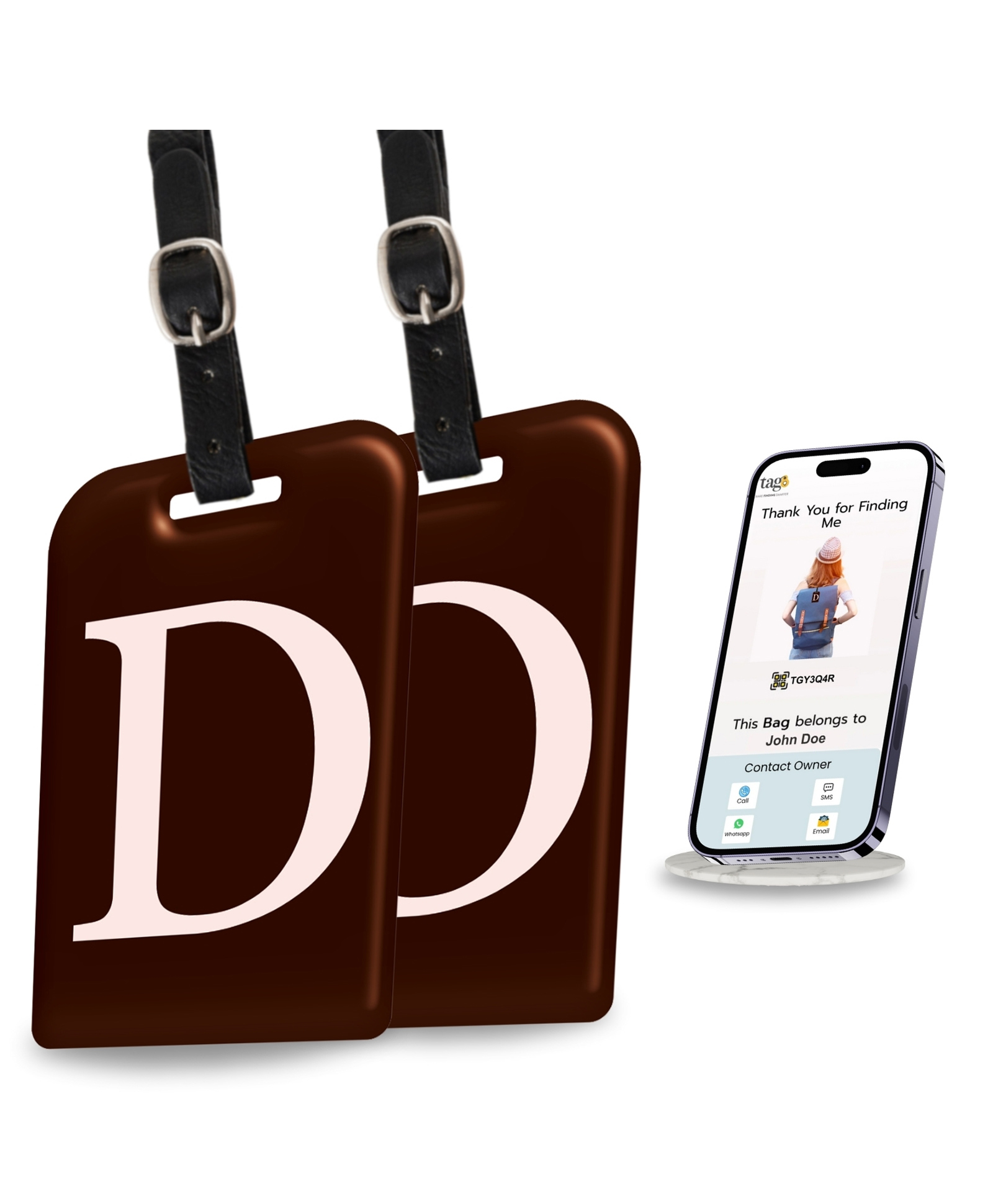 tag8 Smart Luggage Tag ID with name initial D| Bag Tag with Global Loss Recovery Service | Airline compliant | SITA World Tracer Code Enabled | Smart alternative to Name tags | Gift idea, [Pack 2]-image-38