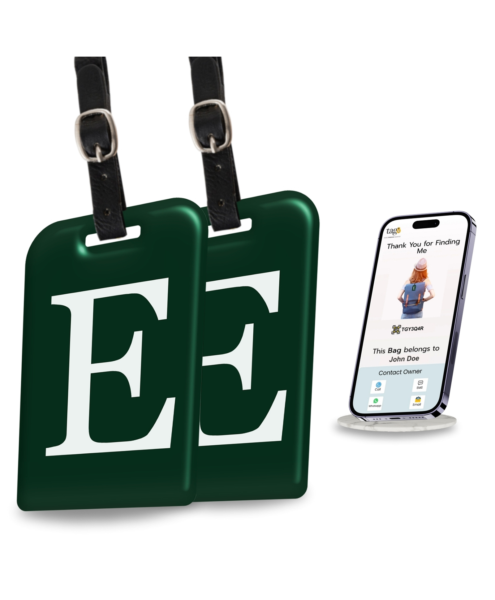 tag8 Smart Luggage Tag ID with name initial E| Bag Tag with Global Loss Recovery Service | Airline compliant | SITA World Tracer Code Enabled | Smart alternative to Name tags | Gift idea, [Pack 2]-image-27