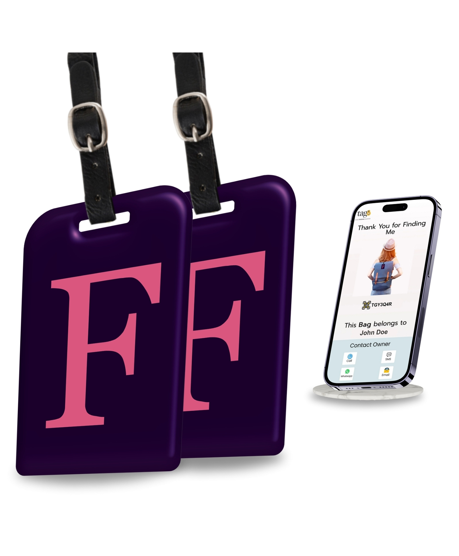 tag8 Smart Luggage Tag ID with name initial F| Bag Tag with Global Loss Recovery Service | Airline compliant | SITA World Tracer Code Enabled | Smart alternative to Name tags | Gift idea, [Pack 2]-image-37