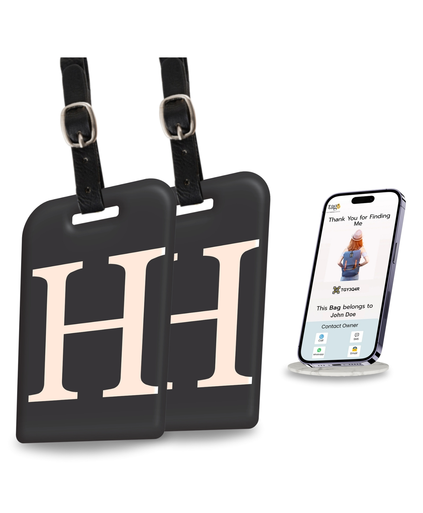 tag8 Smart Luggage Tag ID with name initial H| Bag Tag with Global Loss Recovery Service | Airline compliant | SITA World Tracer Code Enabled | Smart alternative to Name tags | Gift idea, [Pack 2]-image-46