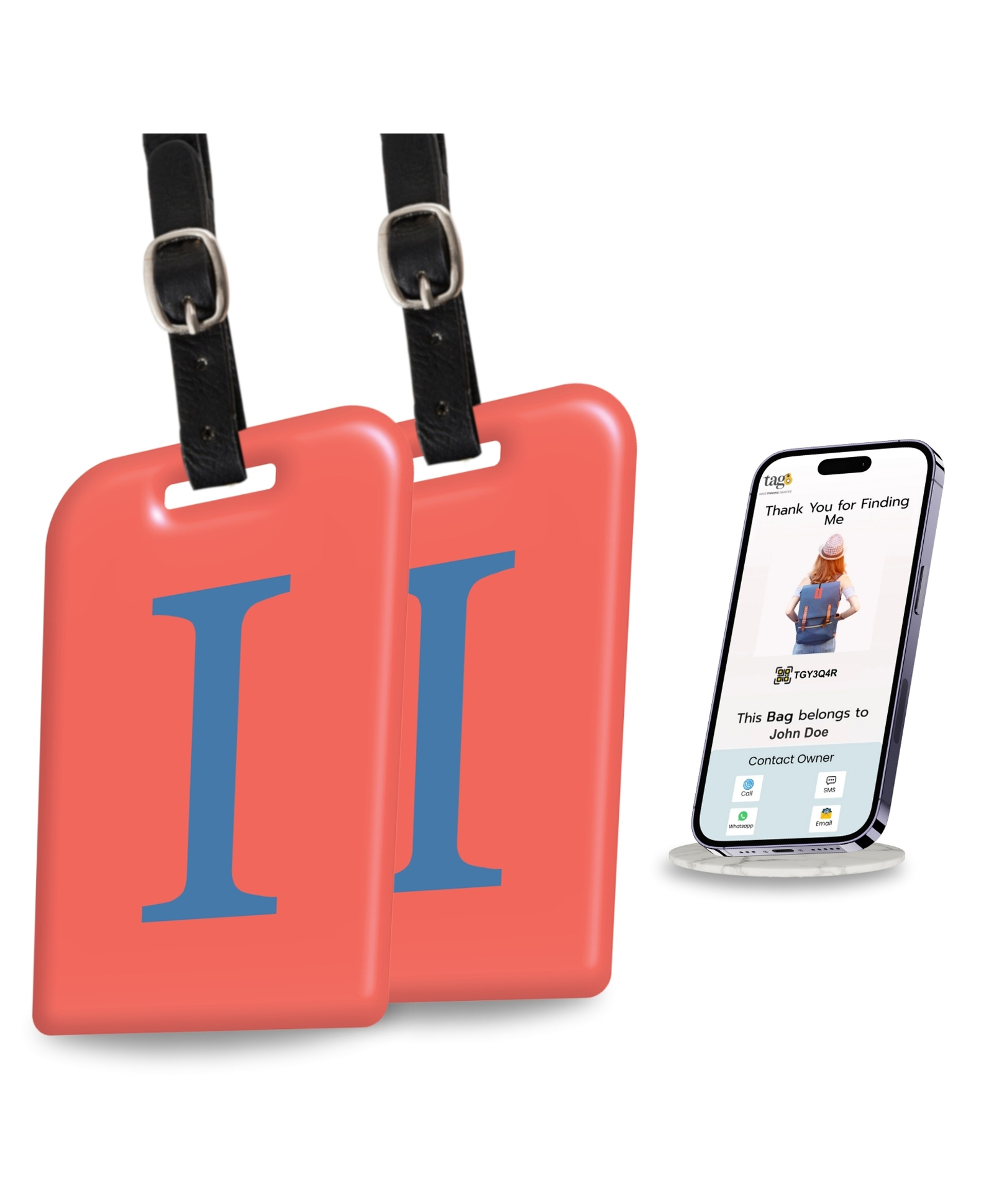 tag8 Smart Luggage Tag ID with name initial I| Bag Tag with Global Loss Recovery Service | Airline compliant | SITA World Tracer Code Enabled | Smart alternative to Name tags | Gift idea, [Pack 2]-image-36