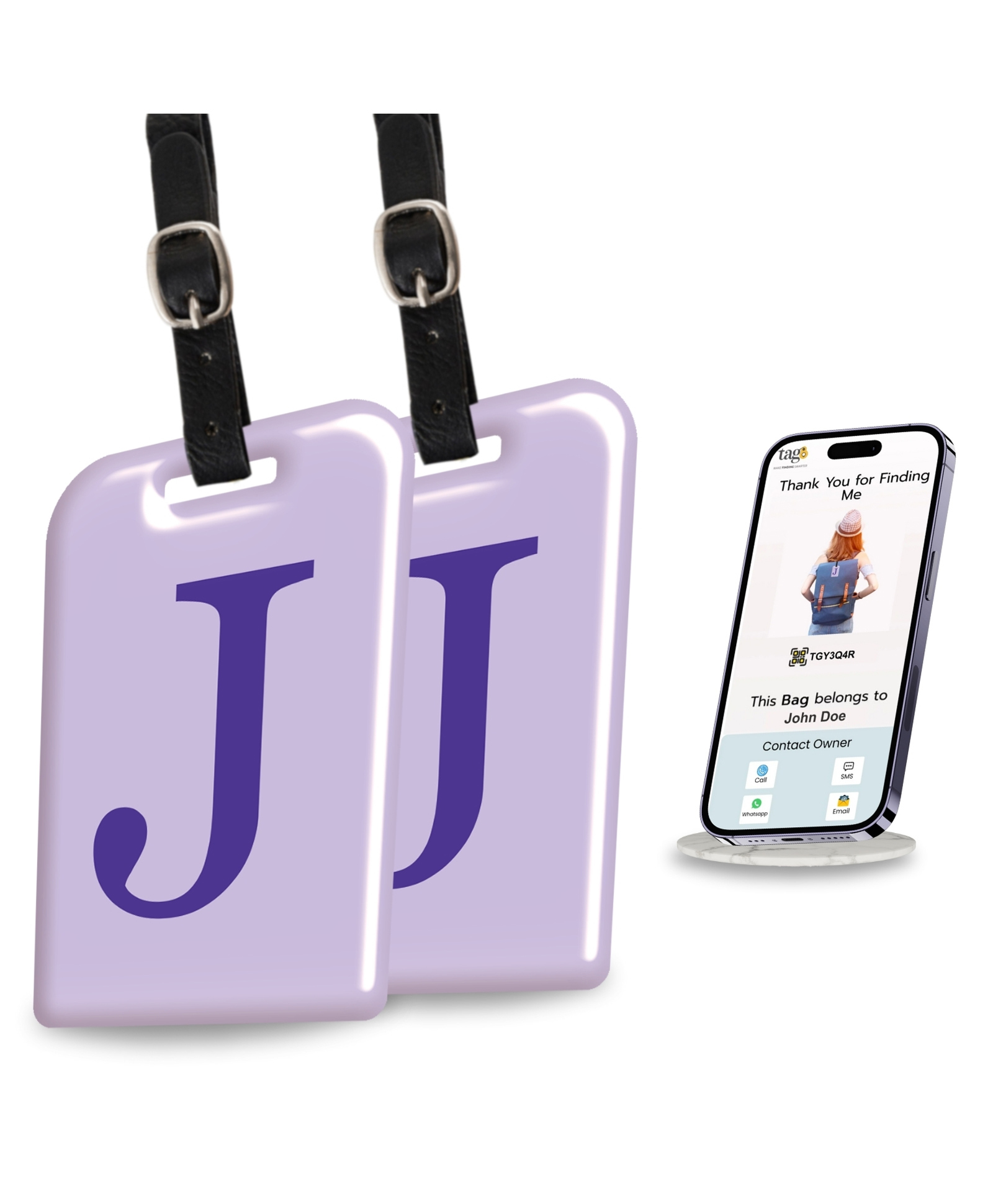 tag8 Smart Luggage Tag ID with name initial J| Bag Tag with Global Loss Recovery Service | Airline compliant | SITA World Tracer Code Enabled | Smart alternative to Name tags | Gift idea, [Pack 2]-image-35