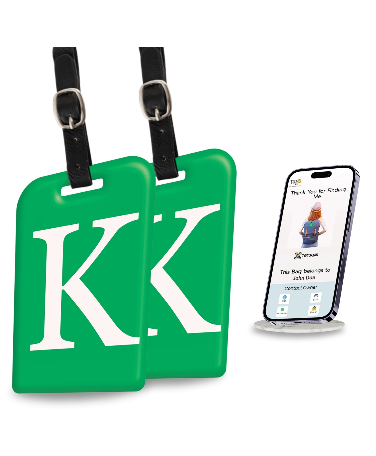 tag8 Smart Luggage Tag ID with name initial K| Bag Tag with Global Loss Recovery Service | Airline compliant | SITA World Tracer Code Enabled | Smart alternative to Name tags | Gift idea, [Pack 2]-image-45