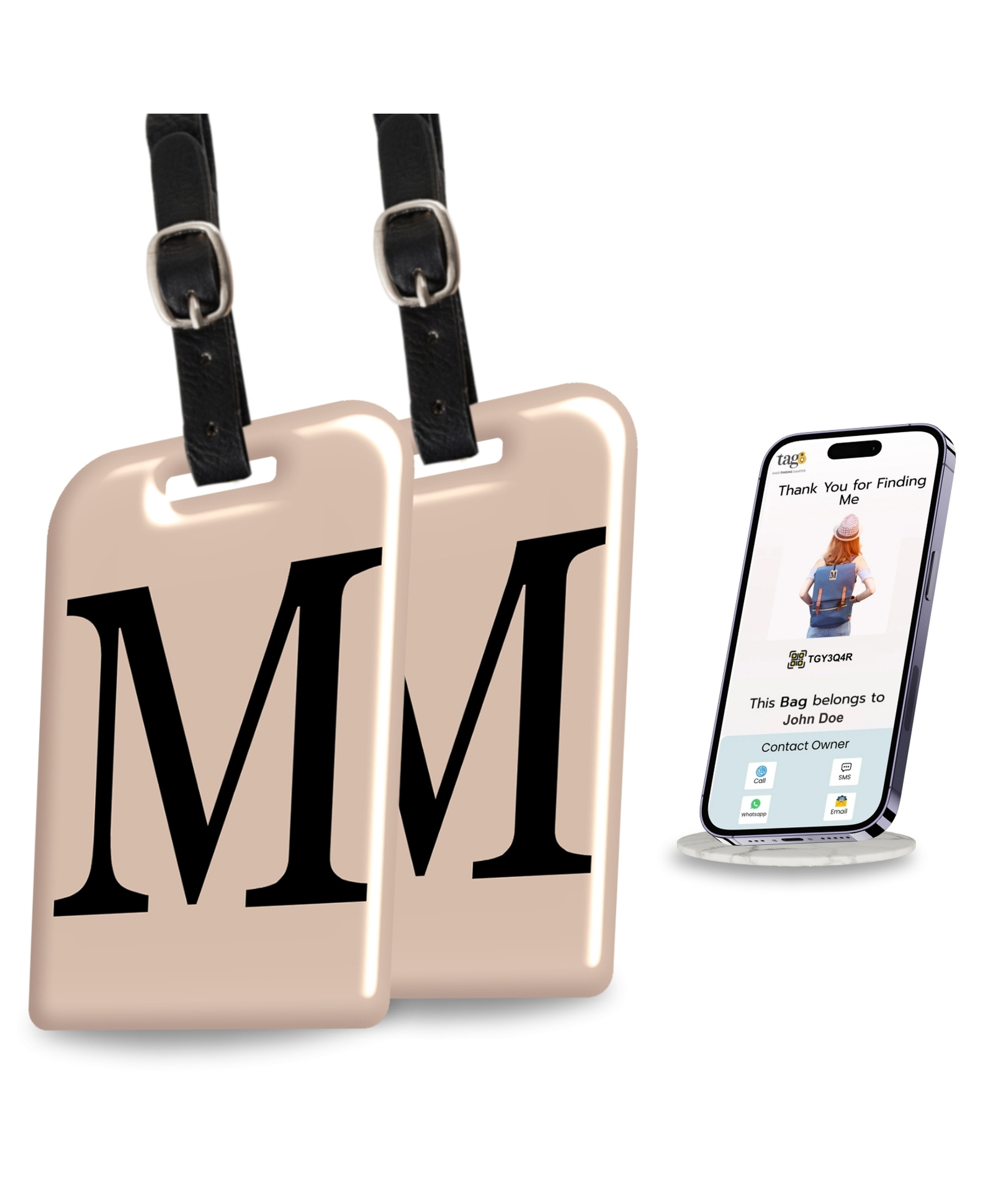 tag8 Smart Luggage Tag ID with name initial M| Bag Tag with Global Loss Recovery Service | Airline compliant | SITA World Tracer Code Enabled | Smart alternative to Name tags | Gift idea, [Pack 2]-image-34