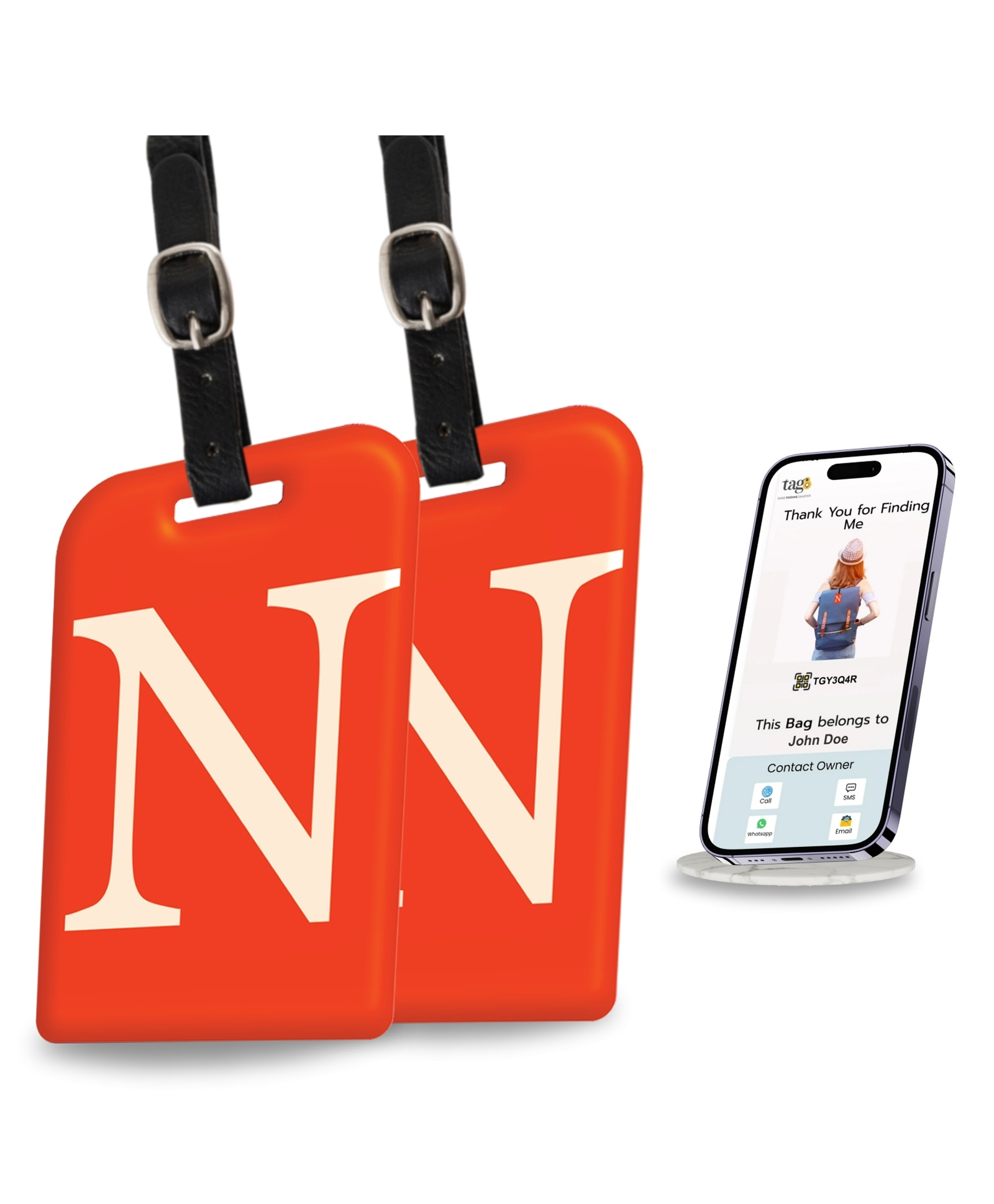 tag8 Smart Luggage Tag ID with name initial N| Bag Tag with Global Loss Recovery Service | Airline compliant | SITA World Tracer Code Enabled | Smart alternative to Name tags | Gift idea, [Pack 2]-image-33