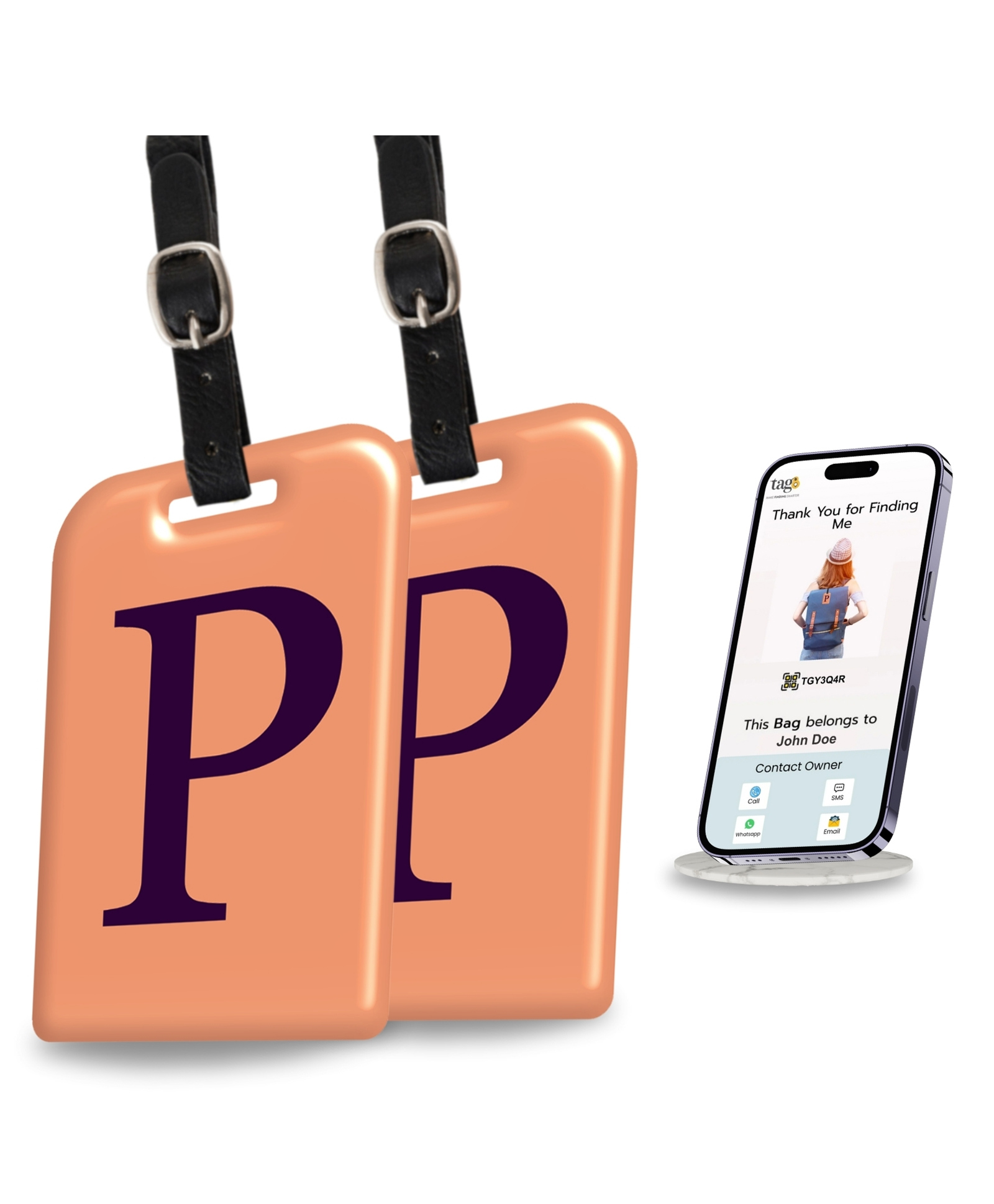 tag8 Smart Luggage Tag ID with name initial P| Bag Tag with Global Loss Recovery Service | Airline compliant | SITA World Tracer Code Enabled | Smart alternative to Name tags | Gift idea, [Pack 2]-image-49