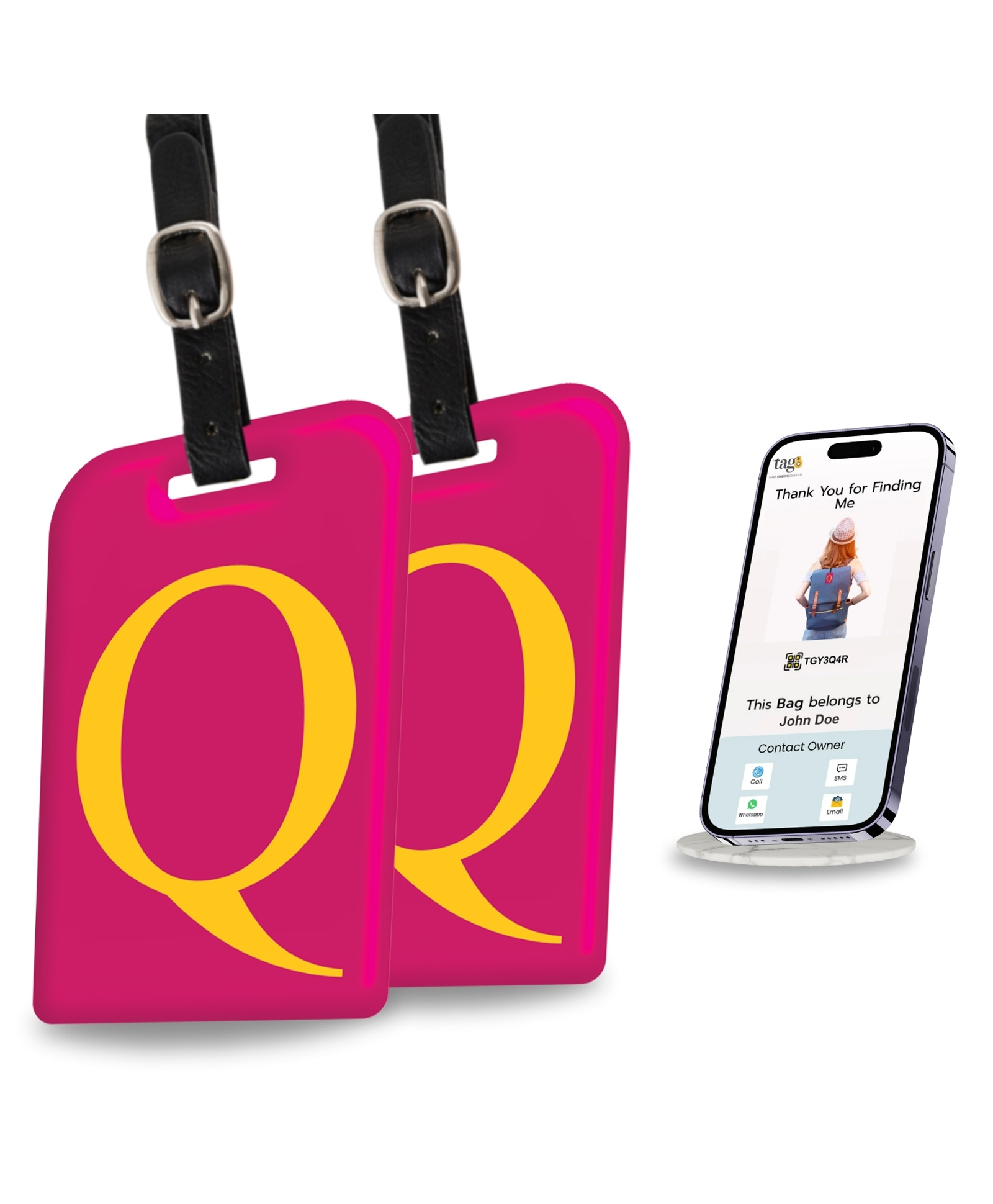 tag8 Smart Luggage Tag ID with name initial Q| Bag Tag with Global Loss Recovery Service | Airline compliant | SITA World Tracer Code Enabled | Smart alternative to Name tags | Gift idea, [Pack 2]-image-25