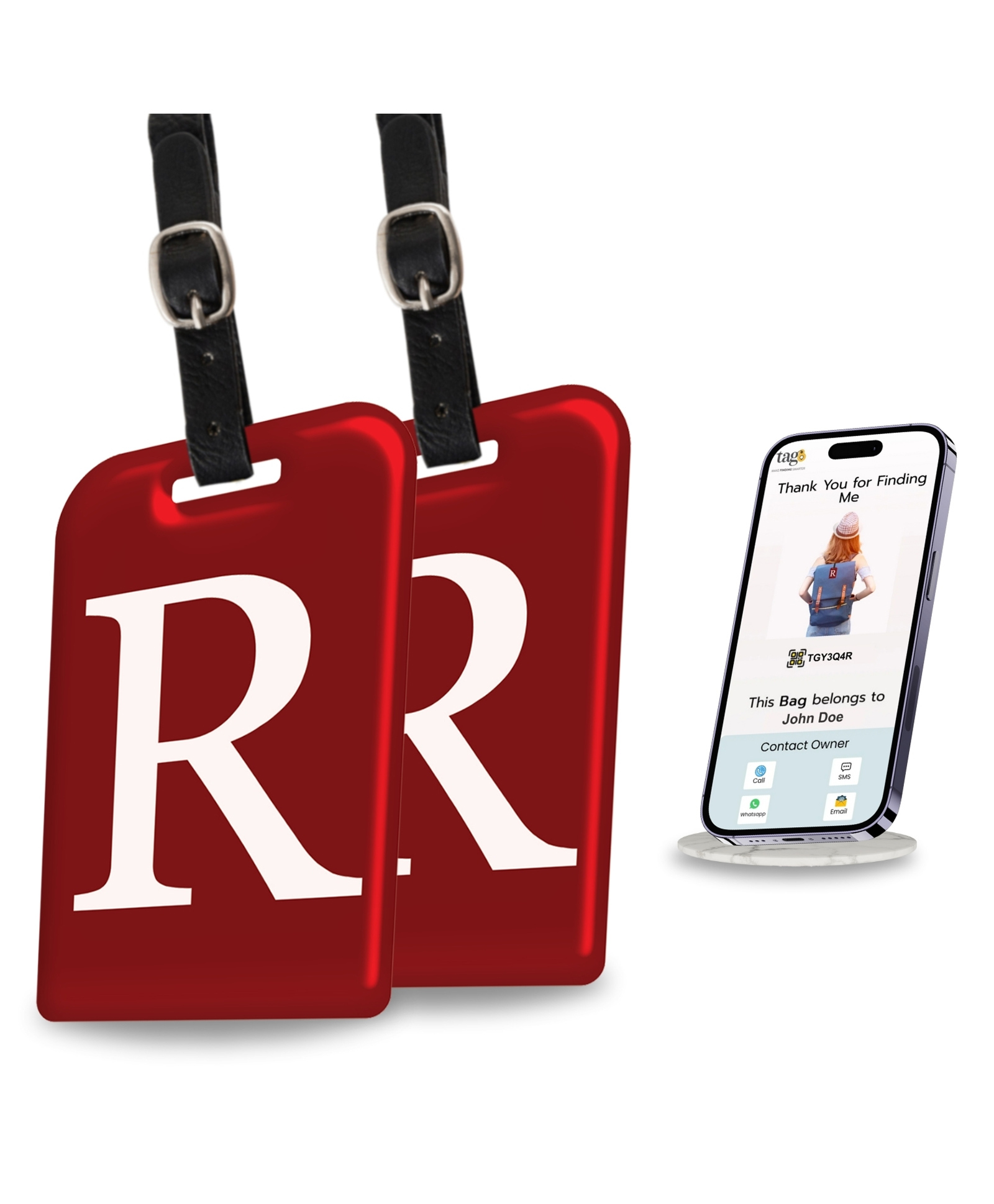 tag8 Smart Luggage Tag ID with name initial R| Bag Tag with Global Loss Recovery Service | Airline compliant | SITA World Tracer Code Enabled | Smart alternative to Name tags | Gift idea, [Pack 2]-image-43