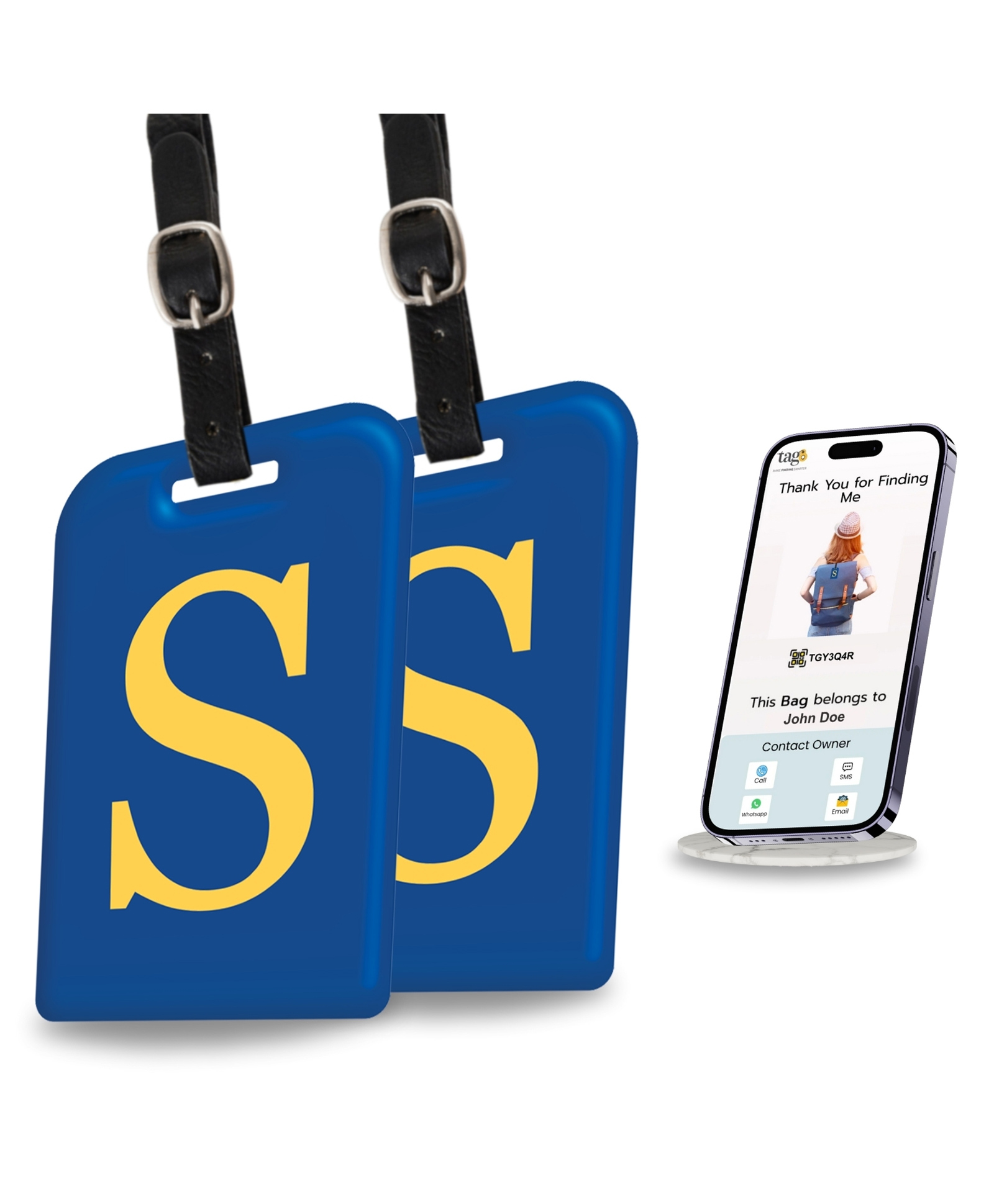tag8 Smart Luggage Tag ID with name initial S| Bag Tag with Global Loss Recovery Service | Airline compliant | SITA World Tracer Code Enabled | Smart alternative to Name tags | Gift idea, [Pack 2]-image-1