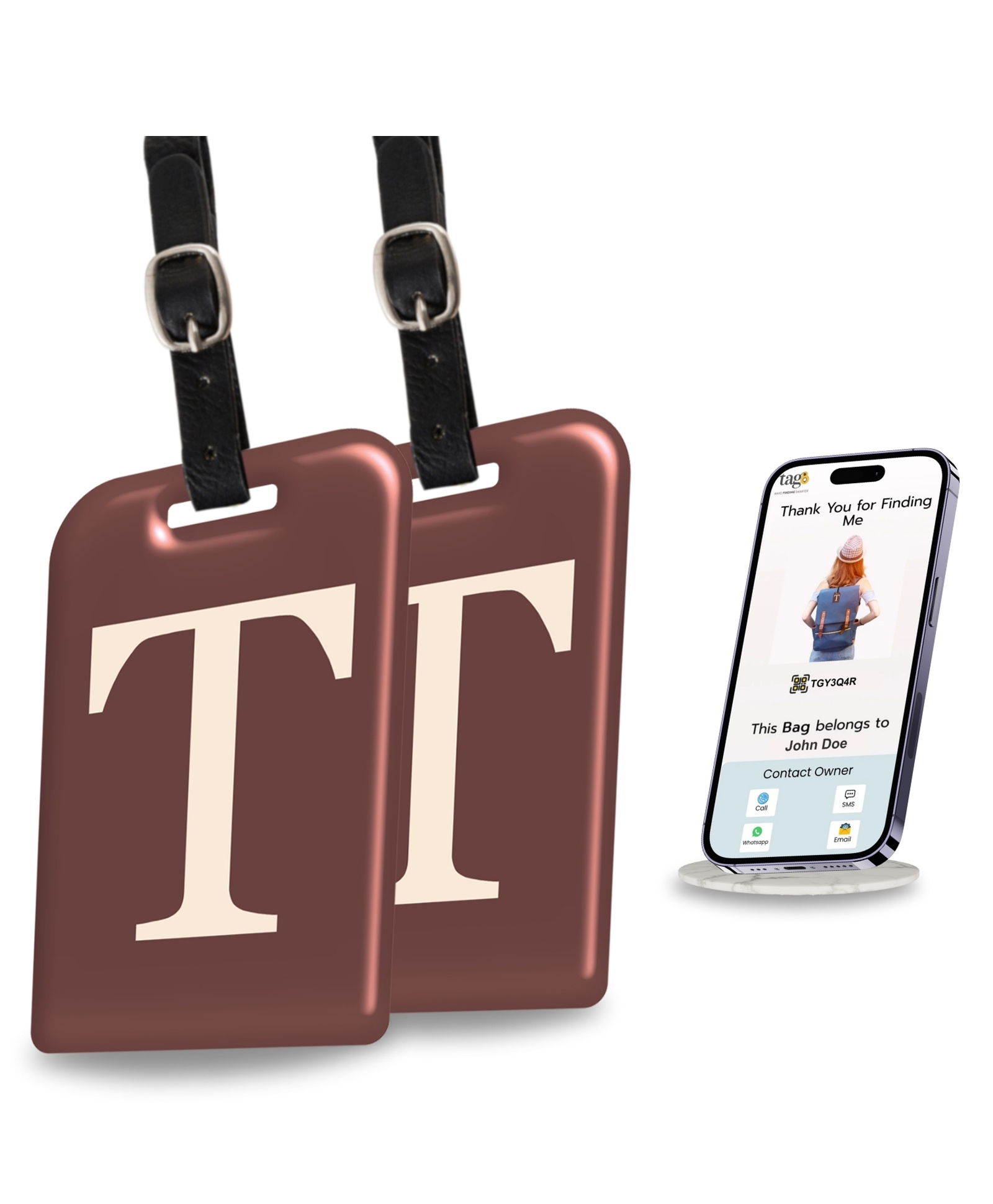 tag8 Smart Luggage Tag ID with name initial T| Bag Tag with Global Loss Recovery Service | Airline compliant | SITA World Tracer Code Enabled | Smart alternative to Name tags | Gift idea, [Pack 2]-image-32