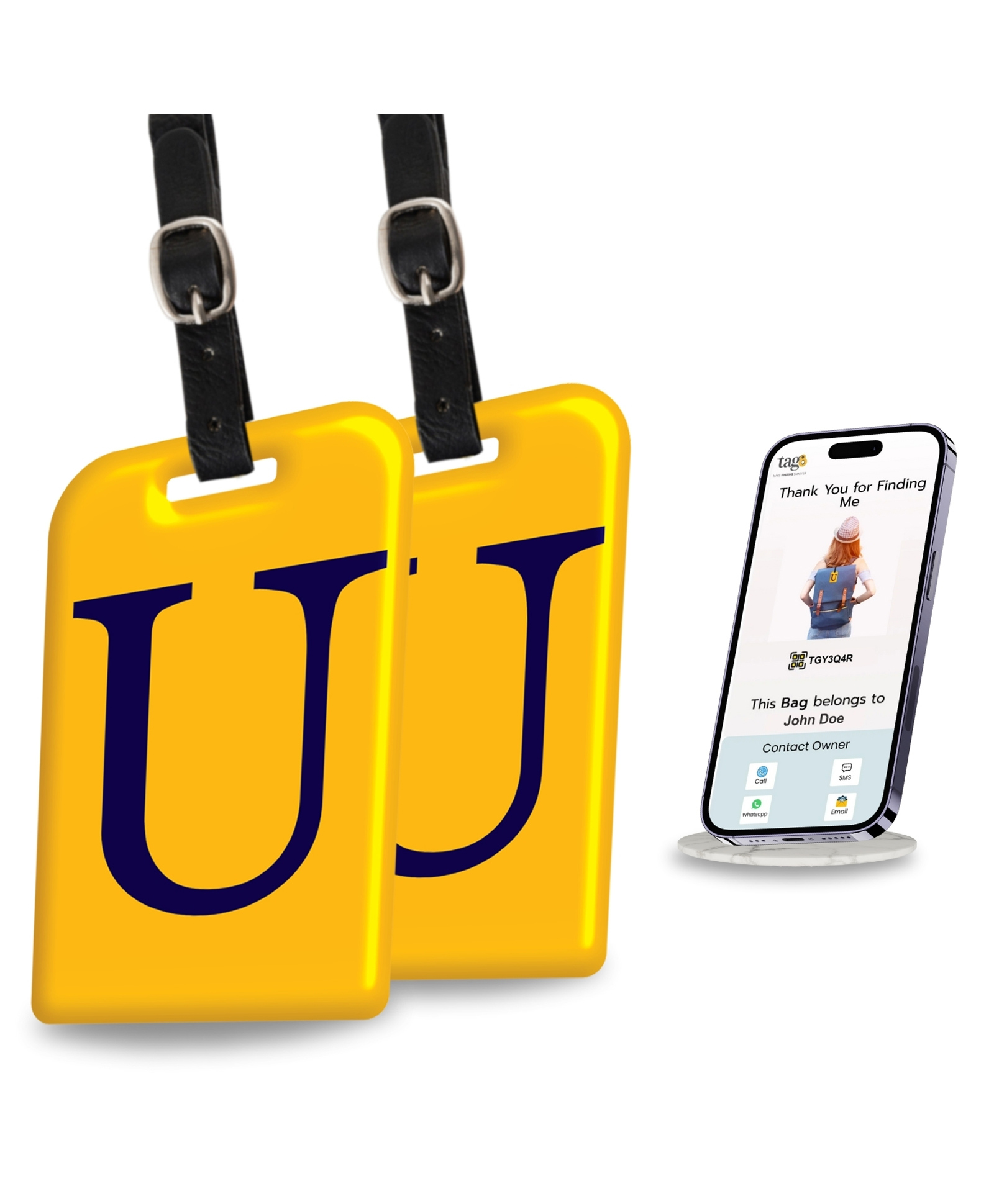 tag8 Smart Luggage Tag ID with name initial U| Bag Tag with Global Loss Recovery Service | Airline compliant | SITA World Tracer Code Enabled | Smart alternative to Name tags | Gift idea, [Pack 2]-image-42