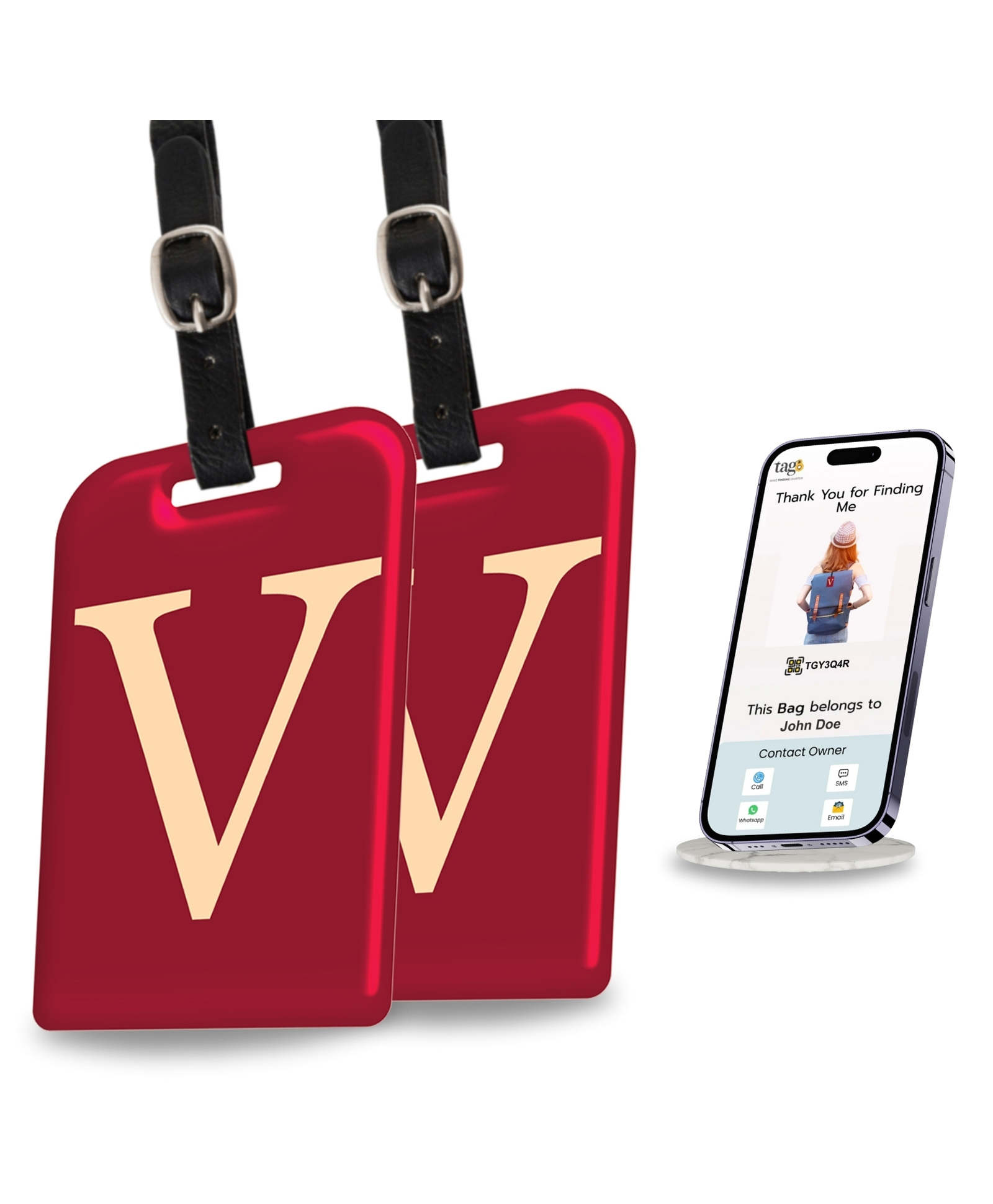 tag8 Smart Luggage Tag ID with name initial V| Bag Tag with Global Loss Recovery Service | Airline compliant | SITA World Tracer Code Enabled | Smart alternative to Name tags | Gift idea, [Pack 2]-image-41