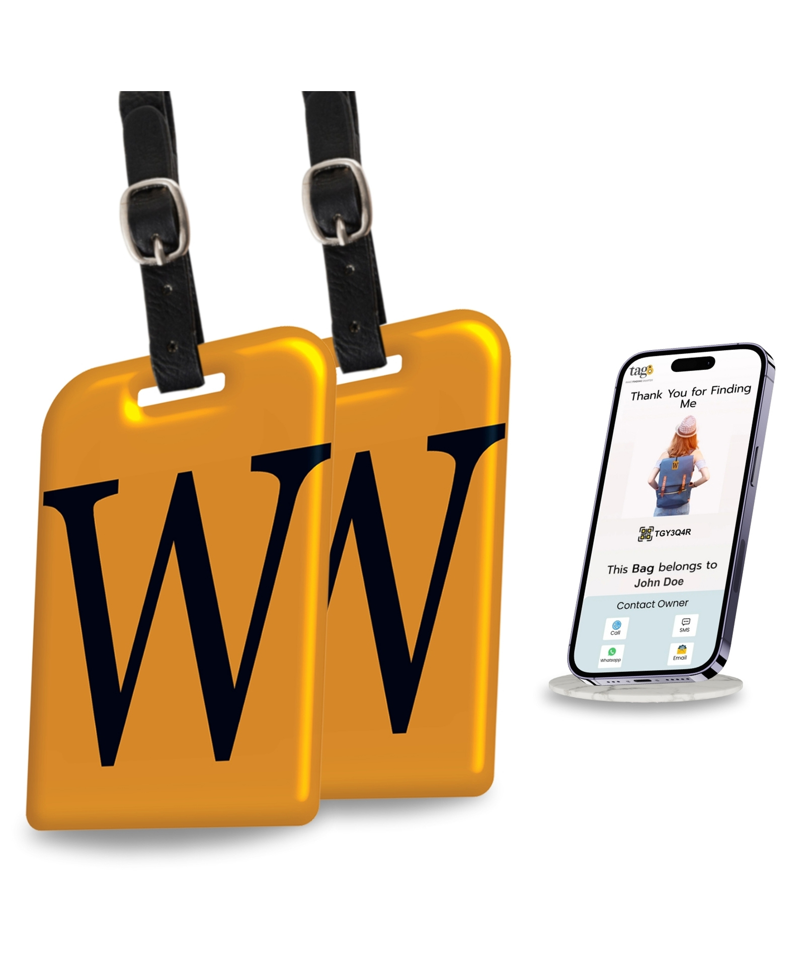tag8 Smart Luggage Tag ID with name initial W| Bag Tag with Global Loss Recovery Service | Airline compliant | SITA World Tracer Code Enabled | Smart alternative to Name tags | Gift idea, [Pack 2]-image-40
