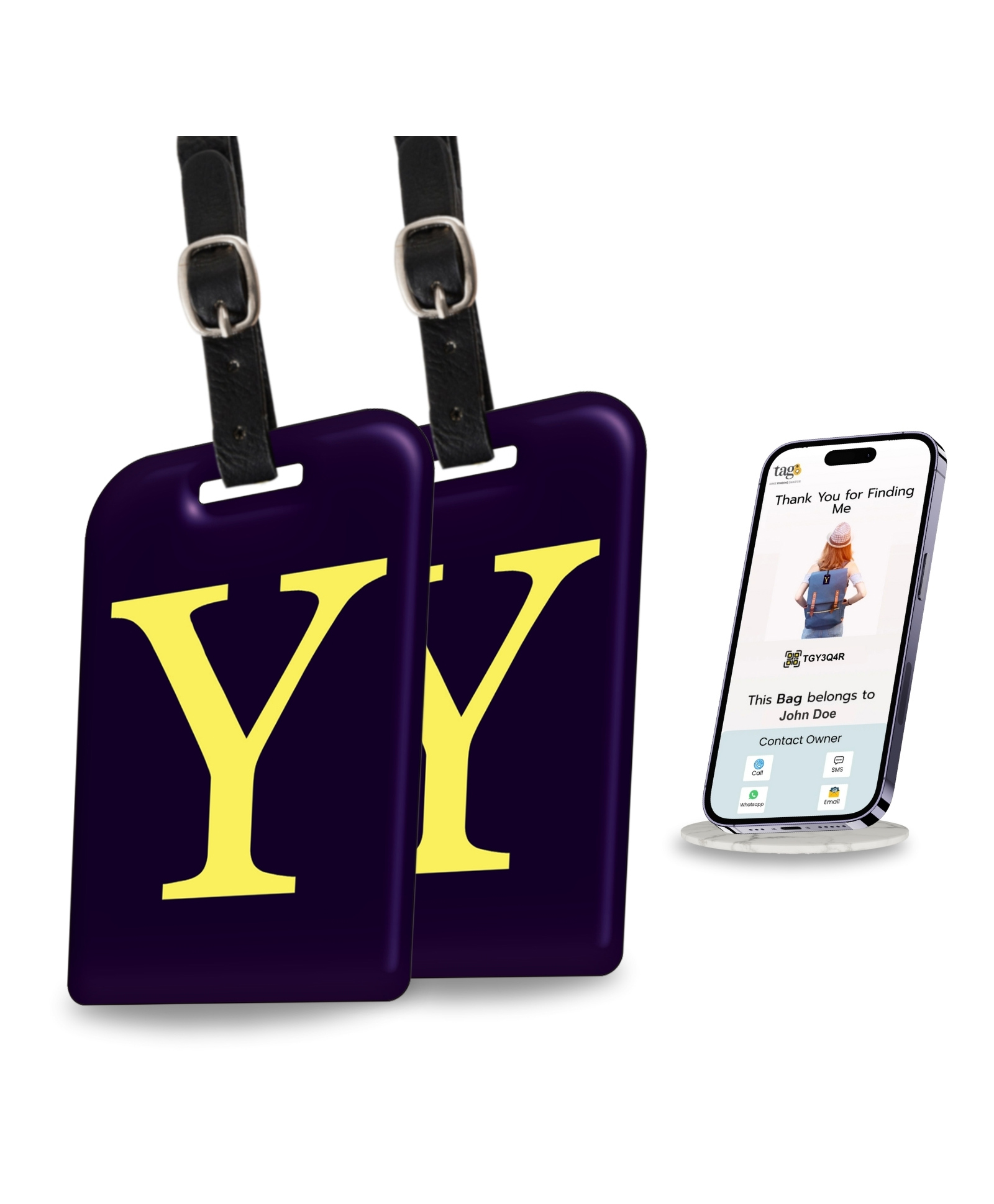 tag8 Smart Luggage Tag ID with name initial Y| Bag Tag with Global Loss Recovery Service | Airline compliant | SITA World Tracer Code Enabled | Smart alternative to Name tags | Gift idea, [Pack 2]-image-30