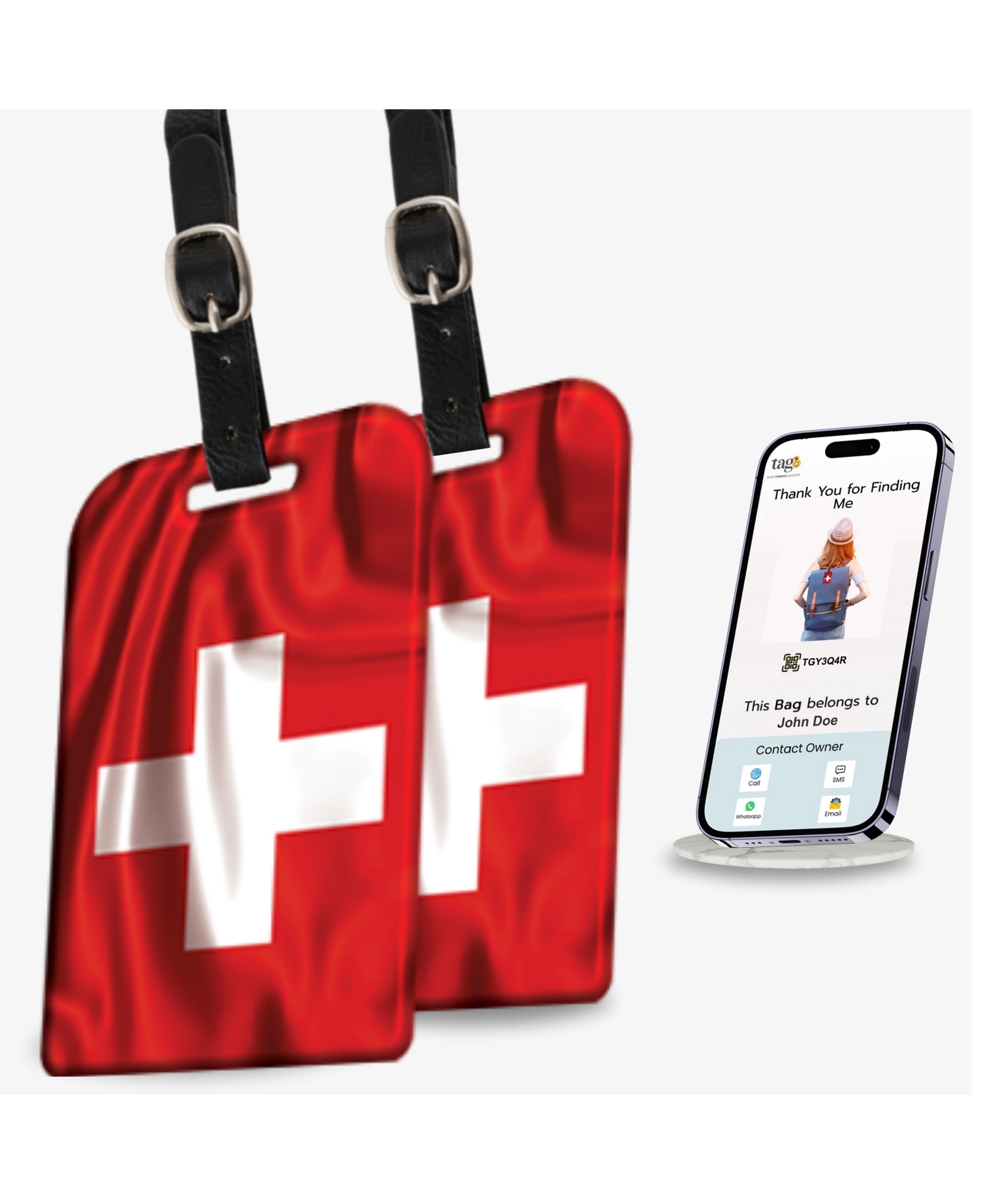 tag8 Bag Security Luggage Tags, 2 Pcs Swiss Flag Bag Tags with Airport Tracer Code, Suitcase Luggage Tags Travel Suitcase Baggage Handbag Tag | Stop Losing, Start Tagging-image-0