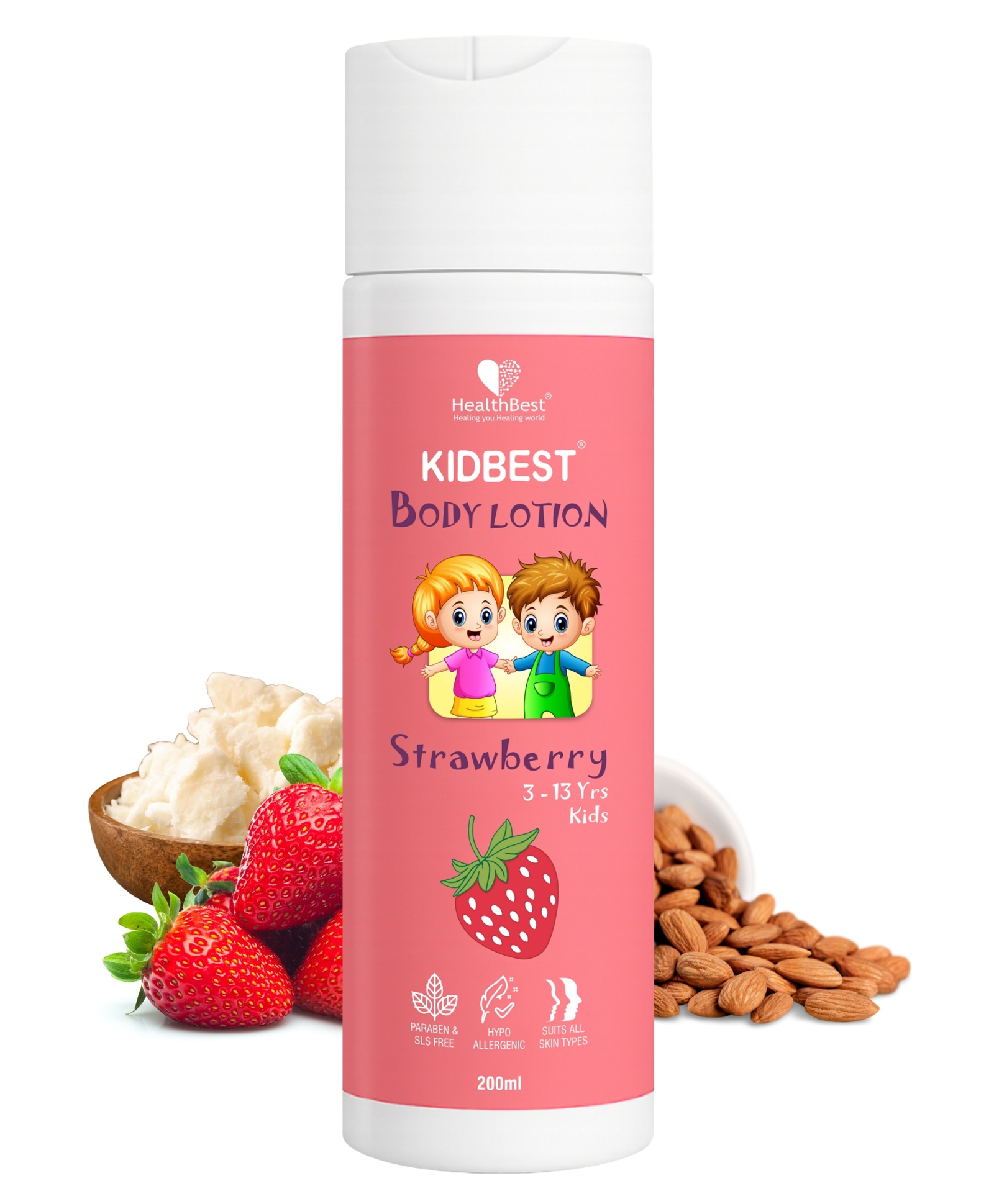 HealthBest Kids Body Lotion with Almond Oil, Strawberry, Moisturizer for Summer Winter Care, Tear Free, Paraben Free, SLS free - 200ml-image-7