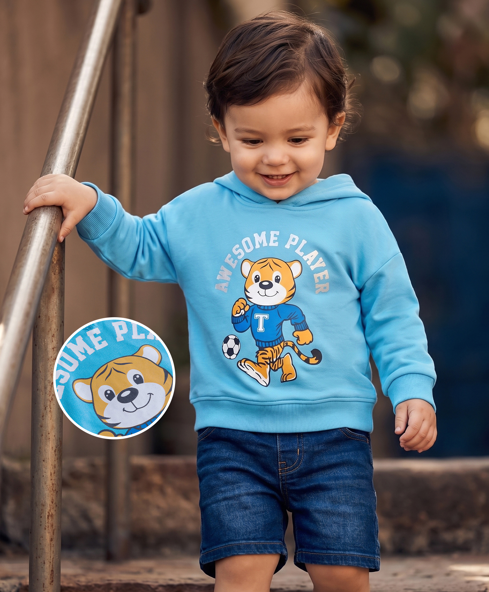 kookie kids india Kookie Kids Terry Knit Full Sleeves Hooded Sweatshirt with Tiger Print - Blue-picture-32