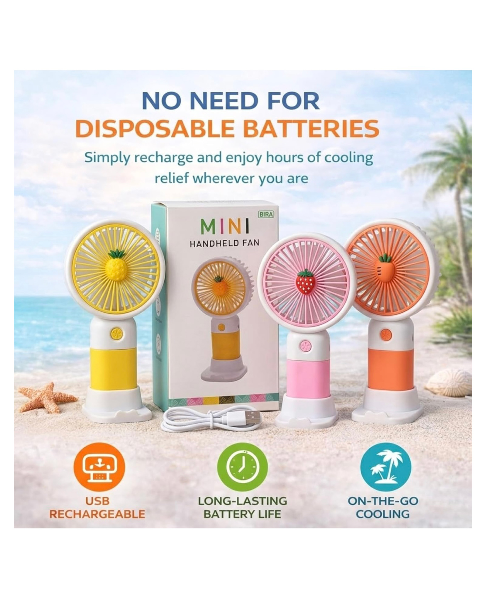 ARCADE TOYS Mini USB Portable Handled Fan - 3 Speed Adjustable Fan USB Rechargeable, Quiet Operation, Battery Life, Ideal for Camping, Hiking, Office, Kitchen and Makeup-PACK OF 1- COLOR MAY VARY-image-32