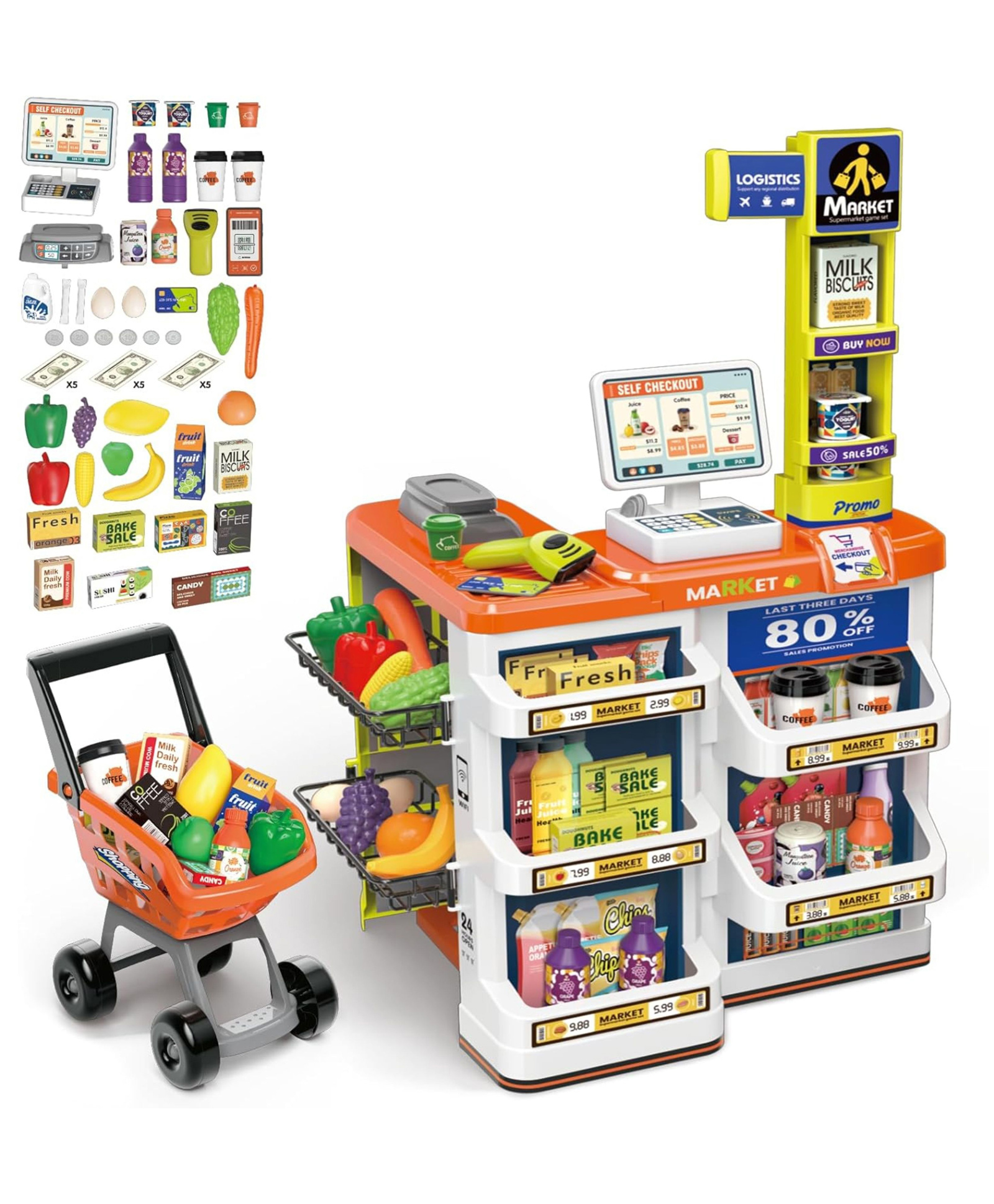 Lumo Brilliant Toys Supermarket Cash Register Toy Set For Kids, Pretend Play Cash Register With Lights And Sounds for Kids 60 Pieces - Multicolor-picture-27