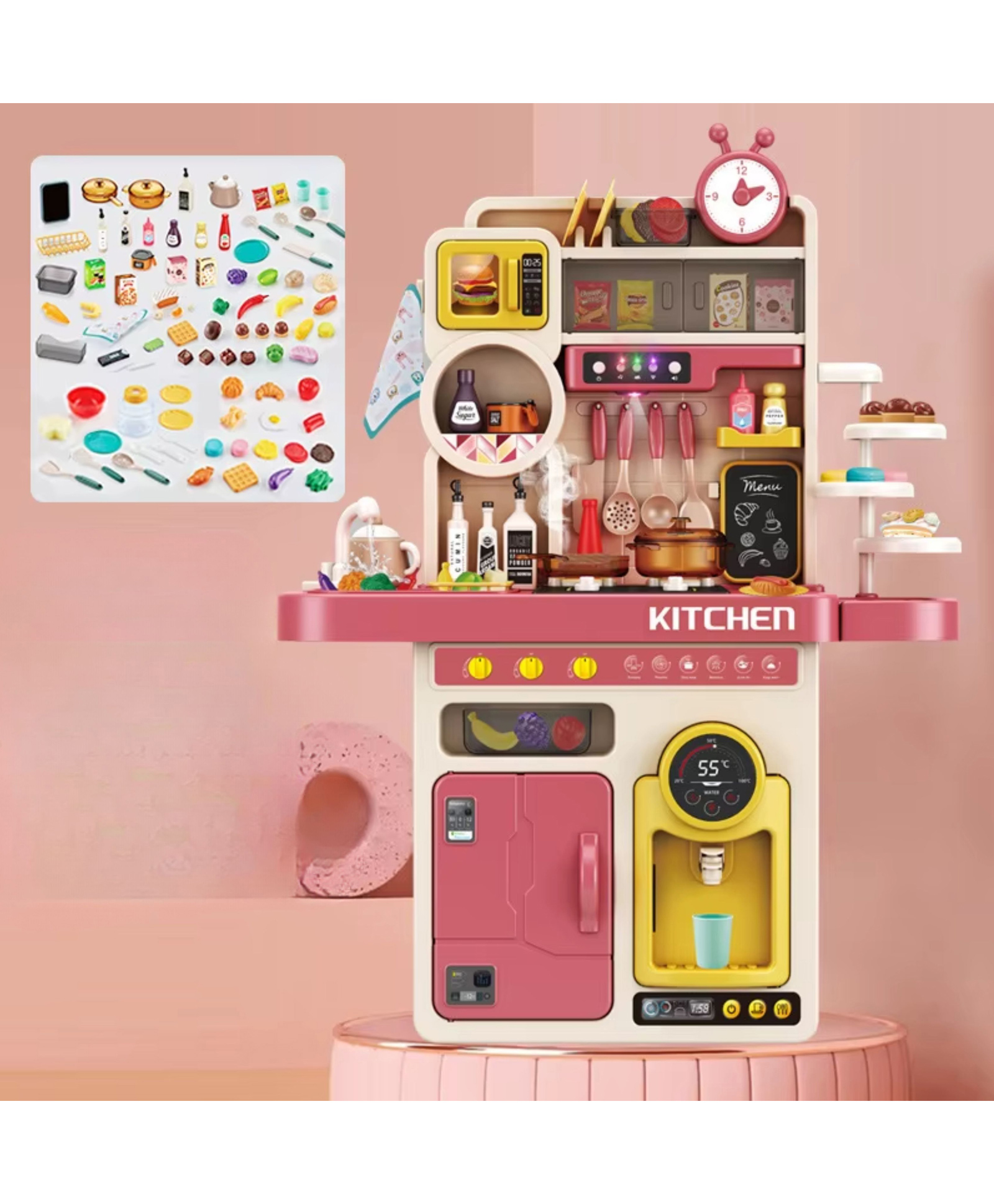 Lumo Brilliant Toys Spraying Kitchen Set Toys | Pretend Play Kitchen Set Toys for Kids | Fun Entertainment Role Play Kids Toys 88 Pieces (Pack of 1 Color May Vary)