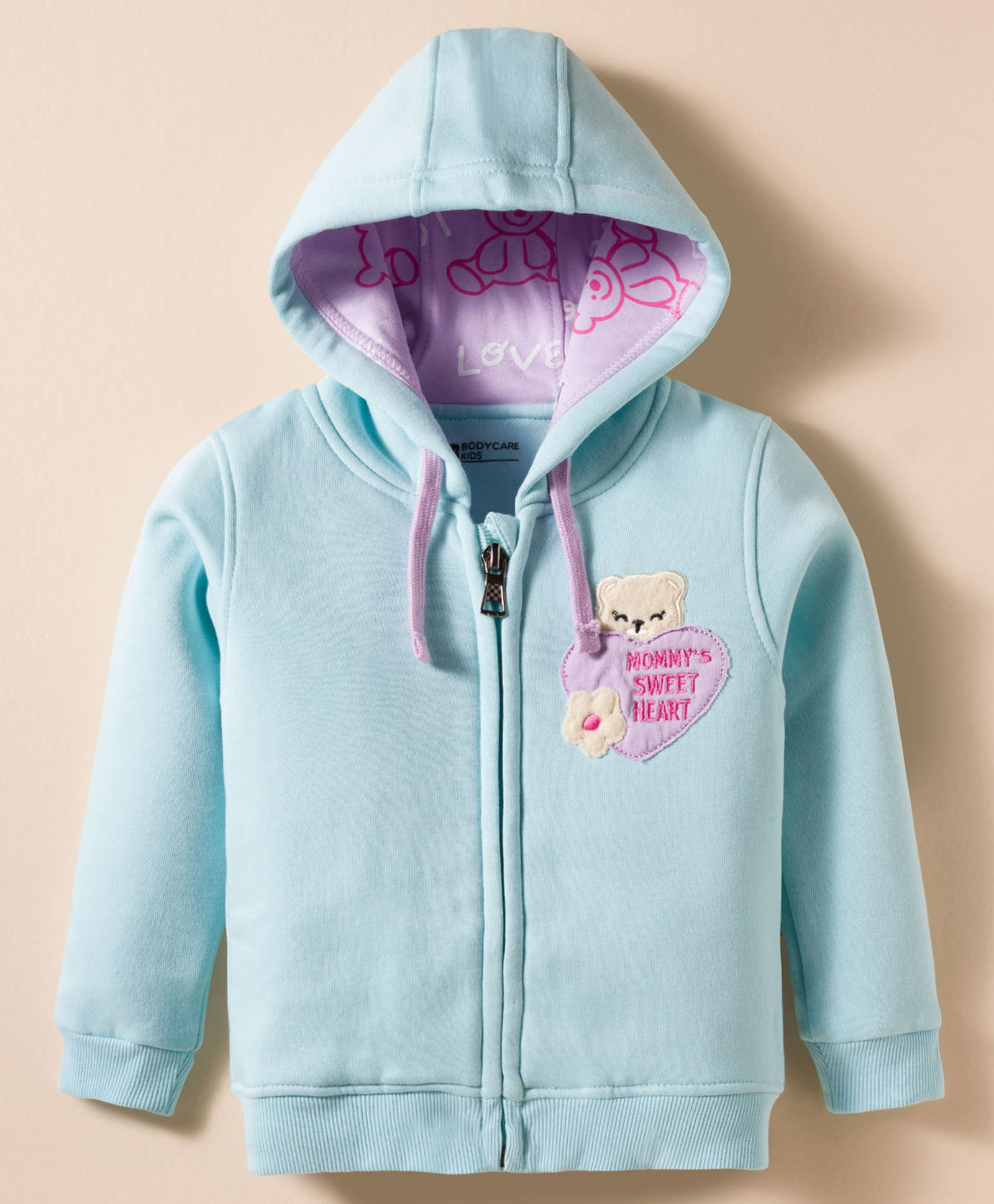 Bodycare Fleece Knit Full Sleeves Hooded Sweatjacket With Bear Embroidery Patch- Light Blue-image-36