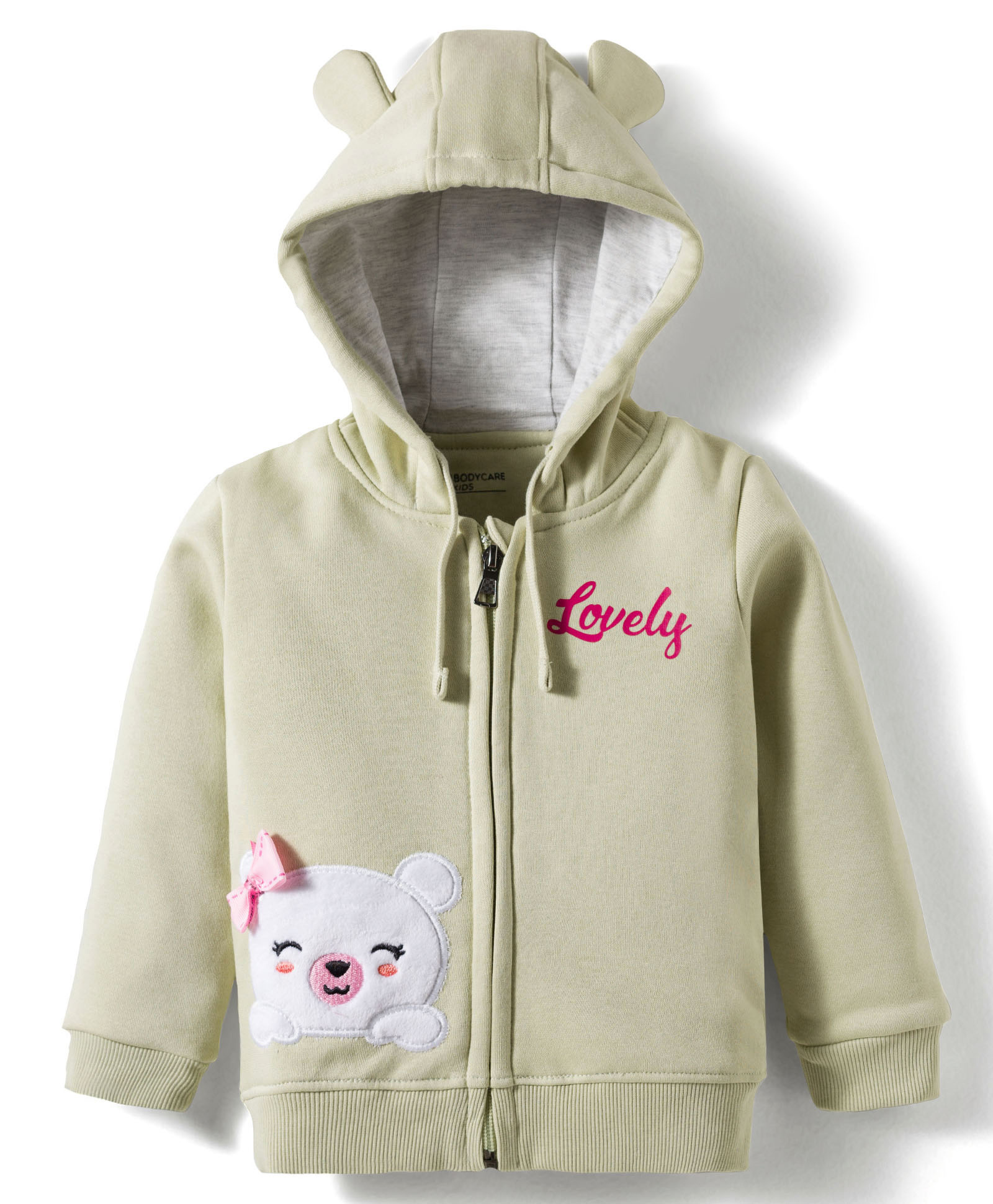 Bodycare Fleece Knit Full Sleeves Hooded Sweatjacket With Bear Embroidery Patch & Ear Applique - Light Green-picture-9