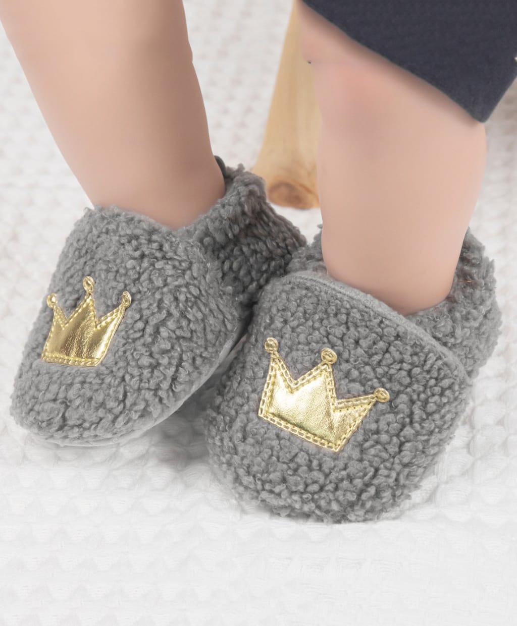 Neska Moda Crown Applique & Fur Detailed Slip On Booties - Grey-image-31