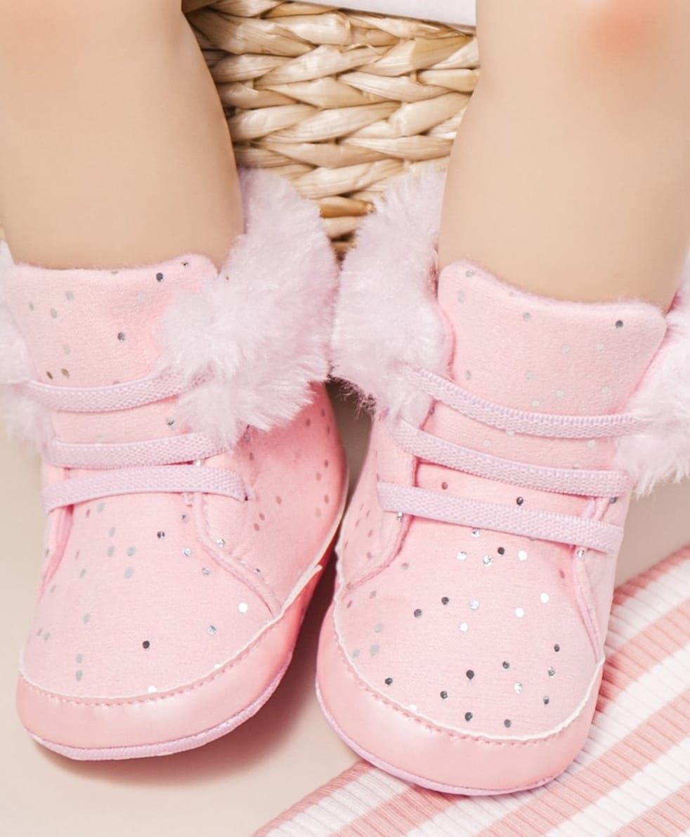 Neska Moda Polka Dots Foil Printed Fur Detailed Lace Up Closure Booties - Pink-picture-4