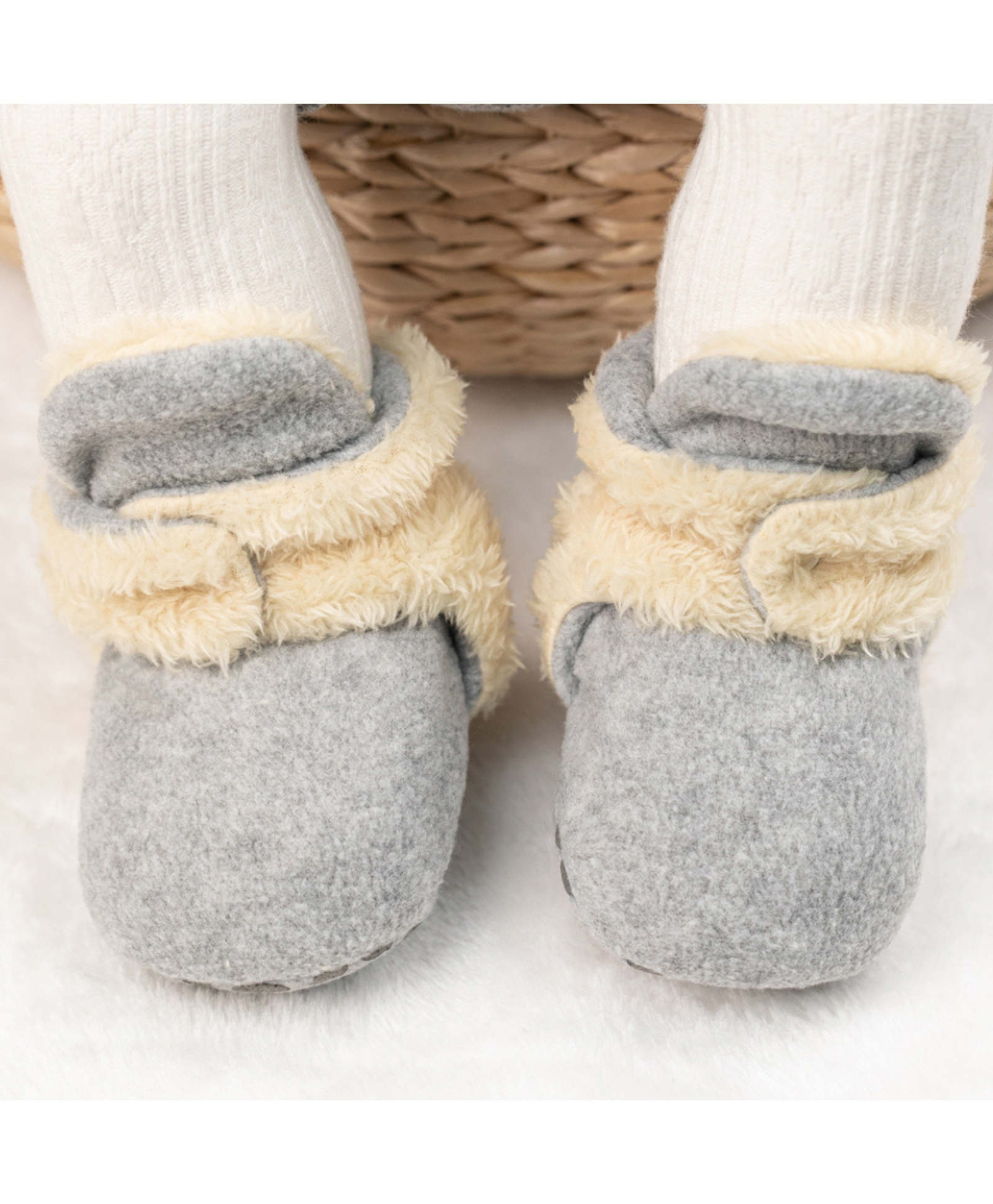 Neska Moda Fur Detailed Colour Blocked Velcro Closure Booties - Grey & Beige-image-48