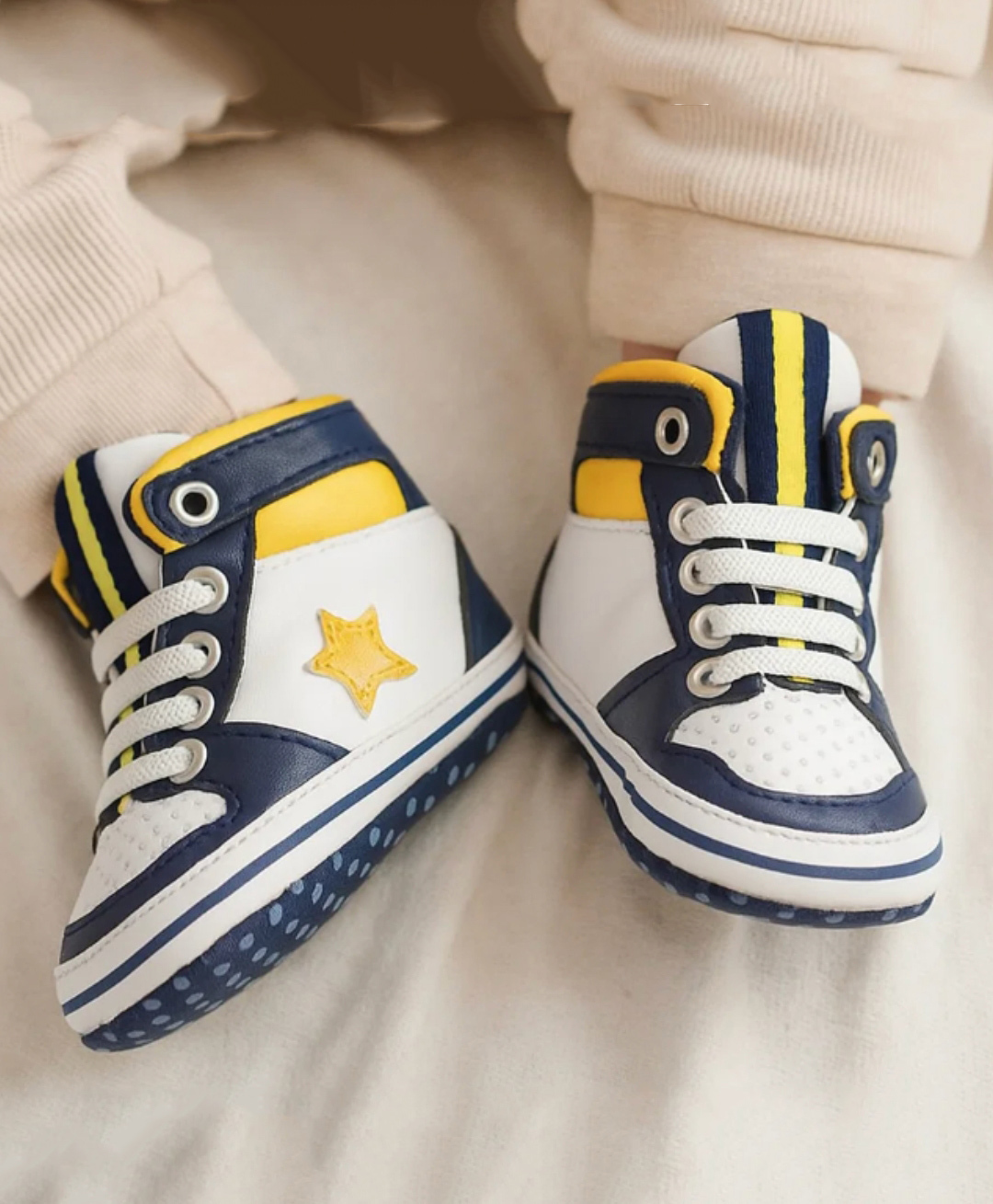 Neska Moda Color Blocked Star Applique Detailed Lace Up Booties - White & Navy Blue-image-45