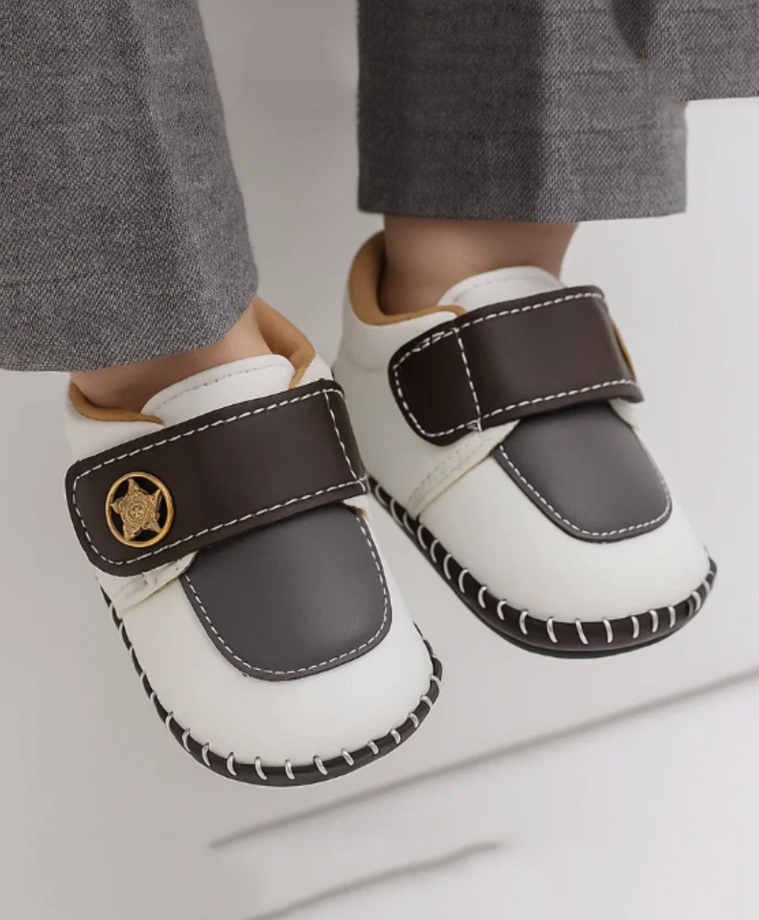 Neska Moda Color Blocked Metal Applique Detailed Velcro Closure Booties - Dark Brown & White-image-44
