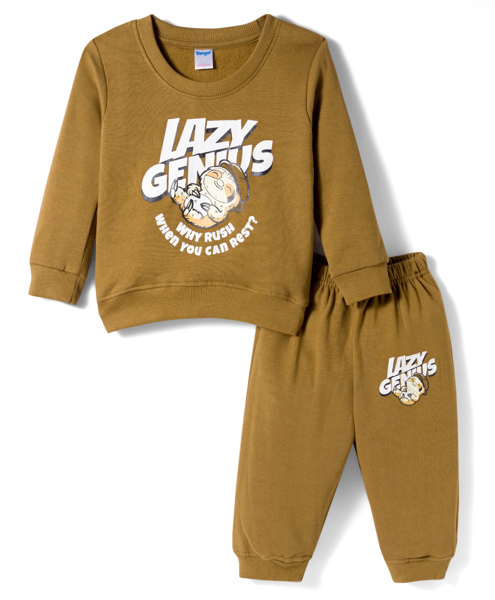 Tango Fleece Knit Full Sleeves Winter Wear Suit with Text Graphic - Olive Green-image-42