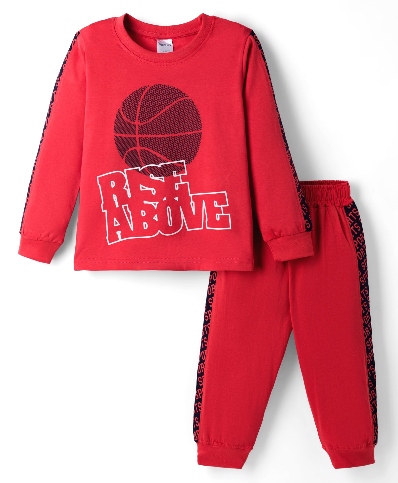 Taeko Single Jersey Knit Full Sleeves T-Shirt & Lounge Pant Set with Sport Print - Red-picture-36