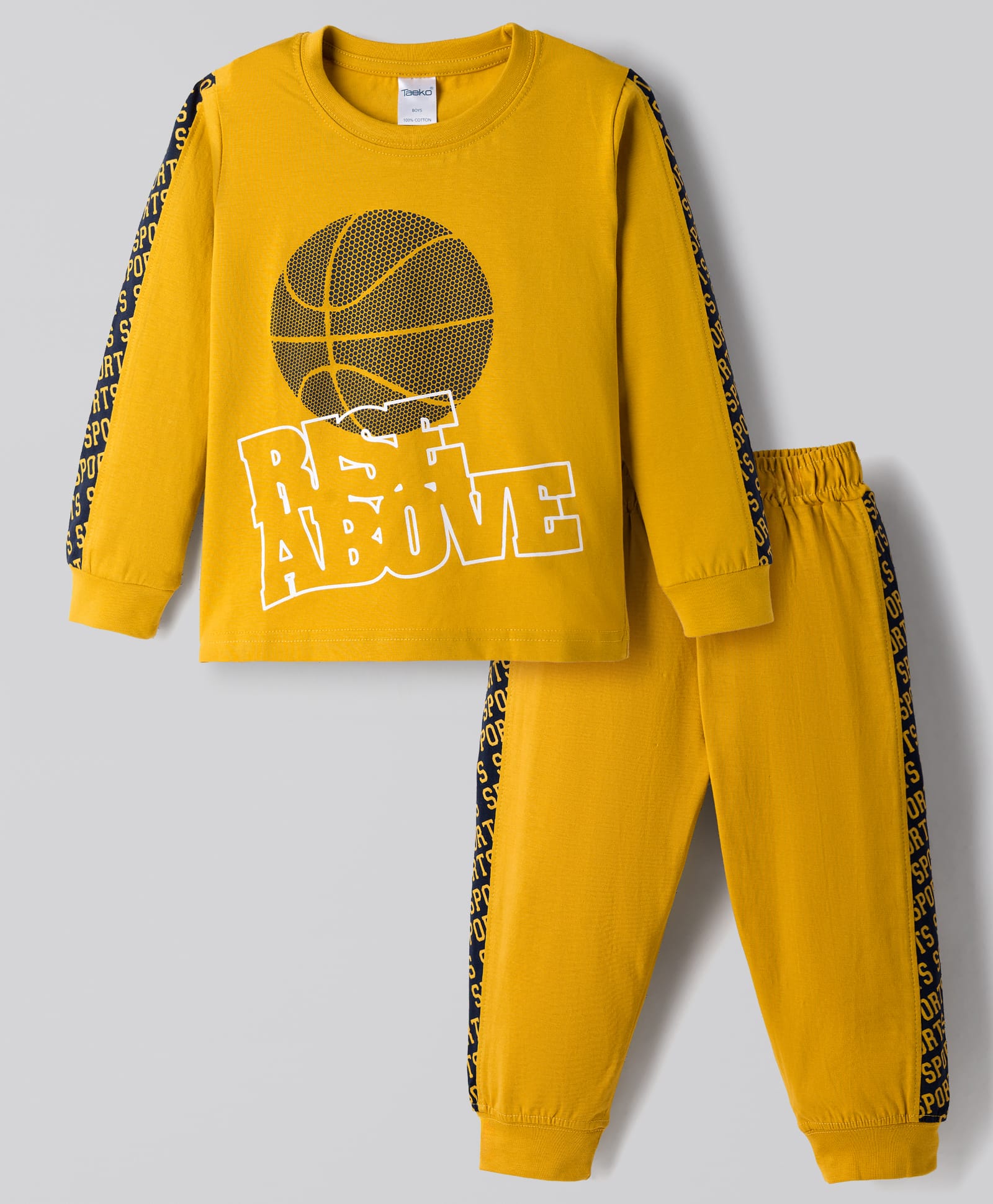 Taeko Single Jersey Knit Full Sleeves T-Shirt & Lounge Pant Set with Sport Print - Golden-picture-47
