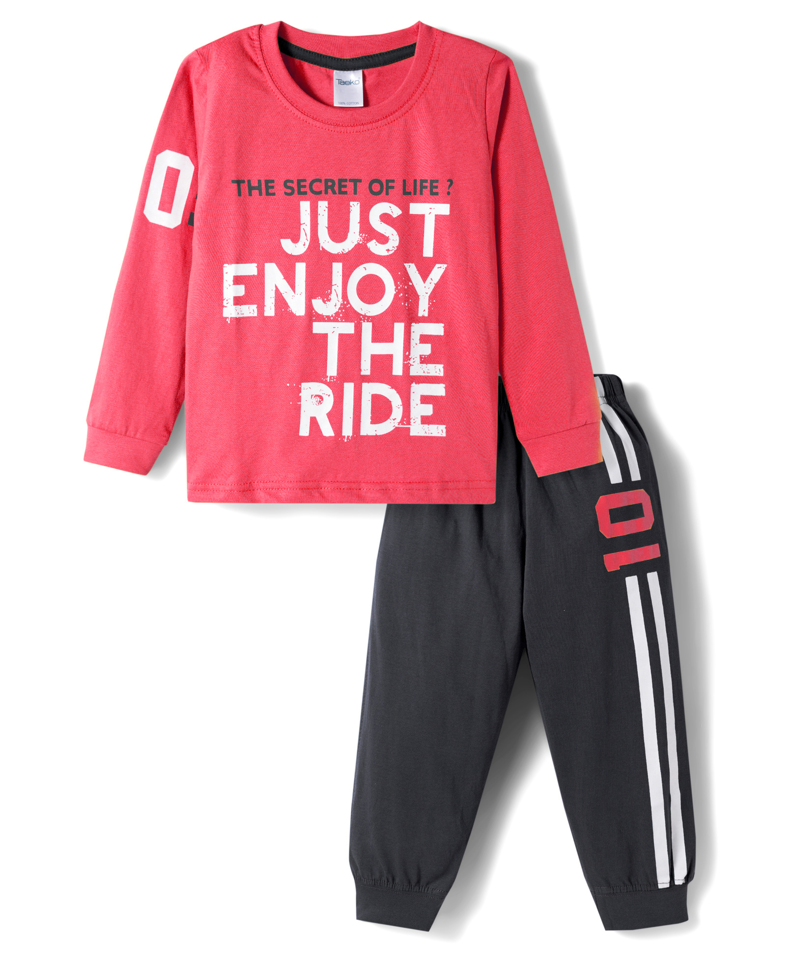 Taeko Single Jersey Knit Full Sleeves T-Shirt & Lounge Pant Set with Text Print - Red-picture-6