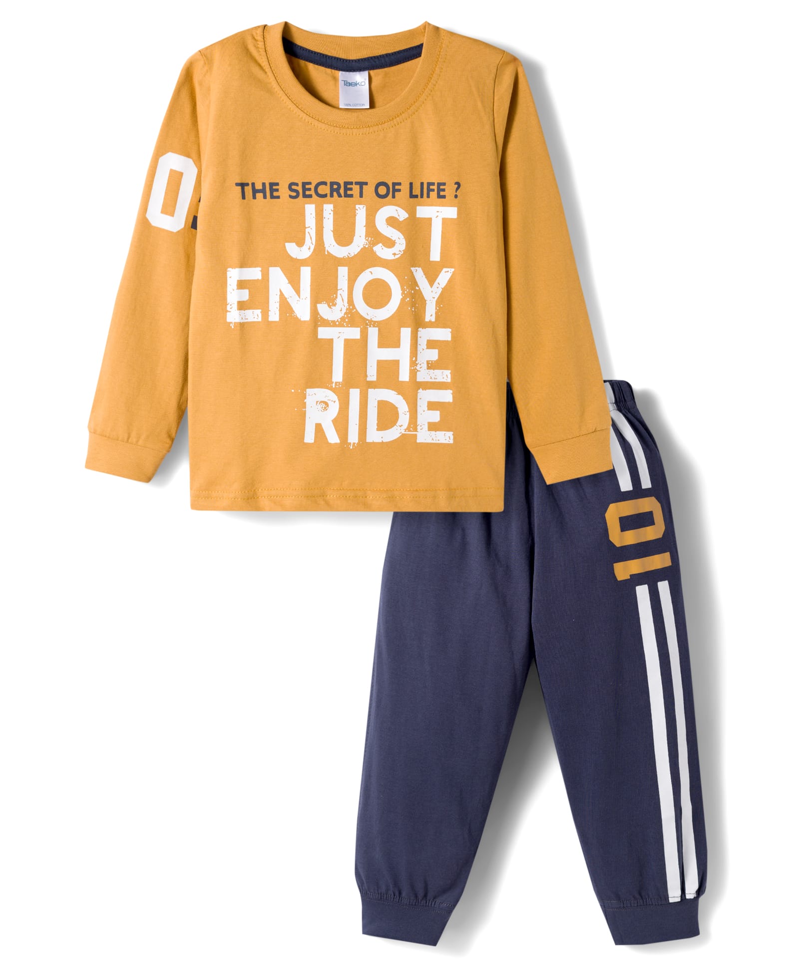 Taeko Single Jersey Knit Full Sleeves T-Shirt & Lounge Pant Set with Text Print - Mustard-picture-42